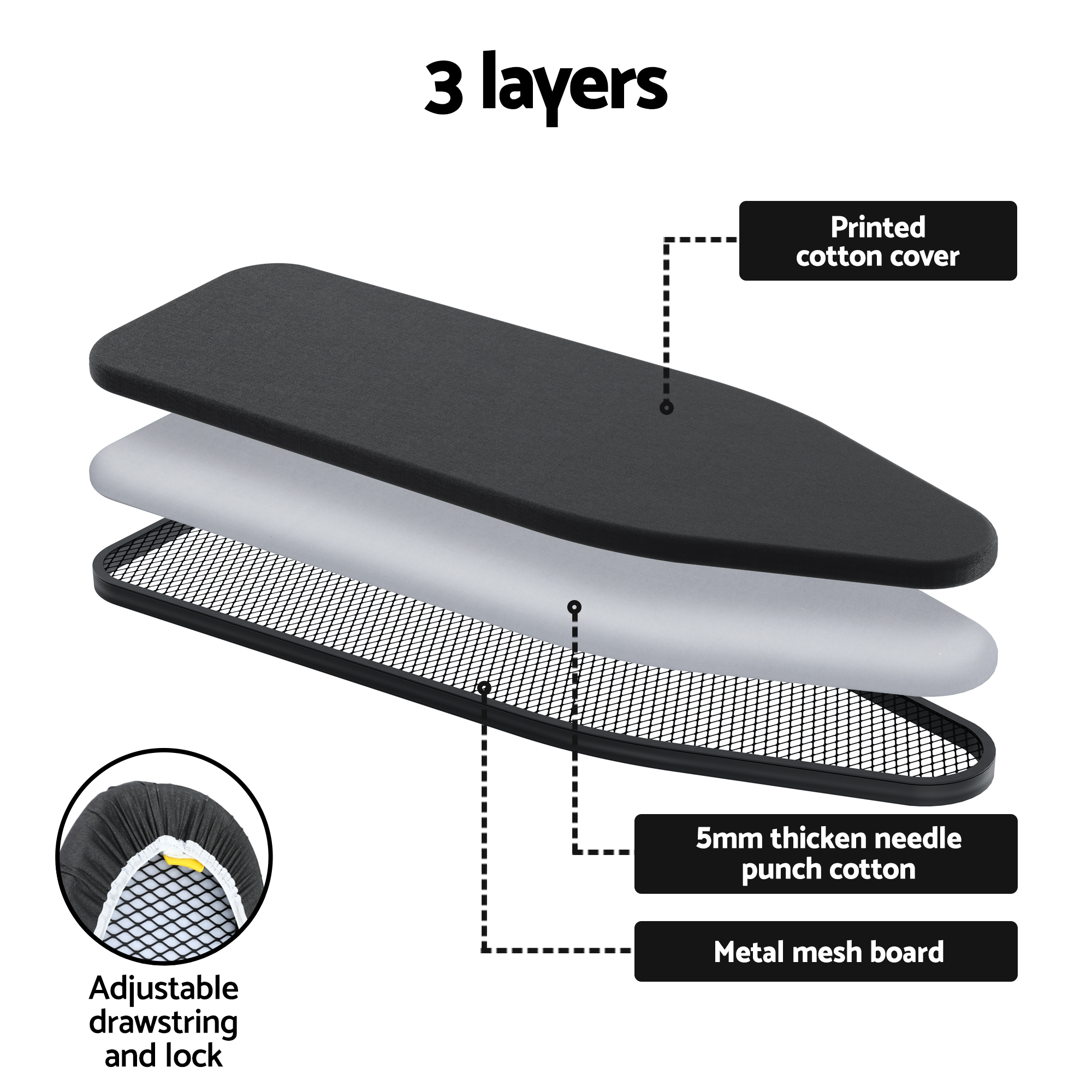 Artiss Ironing Board with Iron Rest with 3 Layers Extra Thick Cover Easy Storage - Image 7