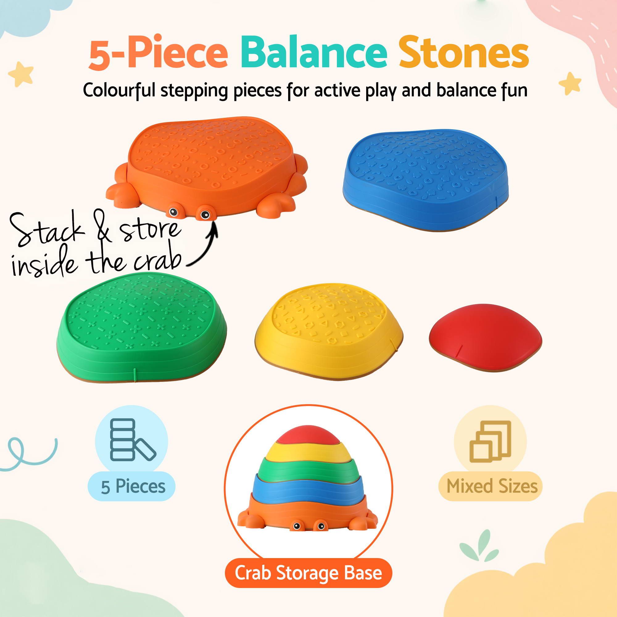 Keezi Kids Stepping Stones Balance Stone Set Crab Indoor Outdoor 5PCS - Image 4