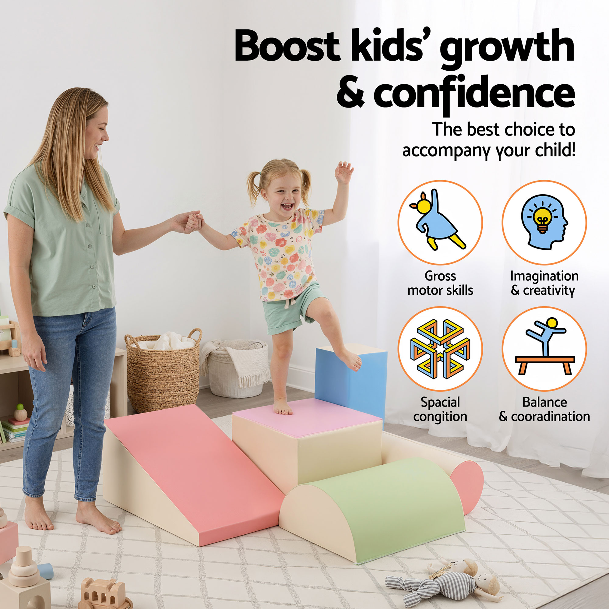 Keezi Kids Climbing Blocks 5-Piece Foam Toddler Playset Soft Indoor Climbing Toy Rocker - Image 7