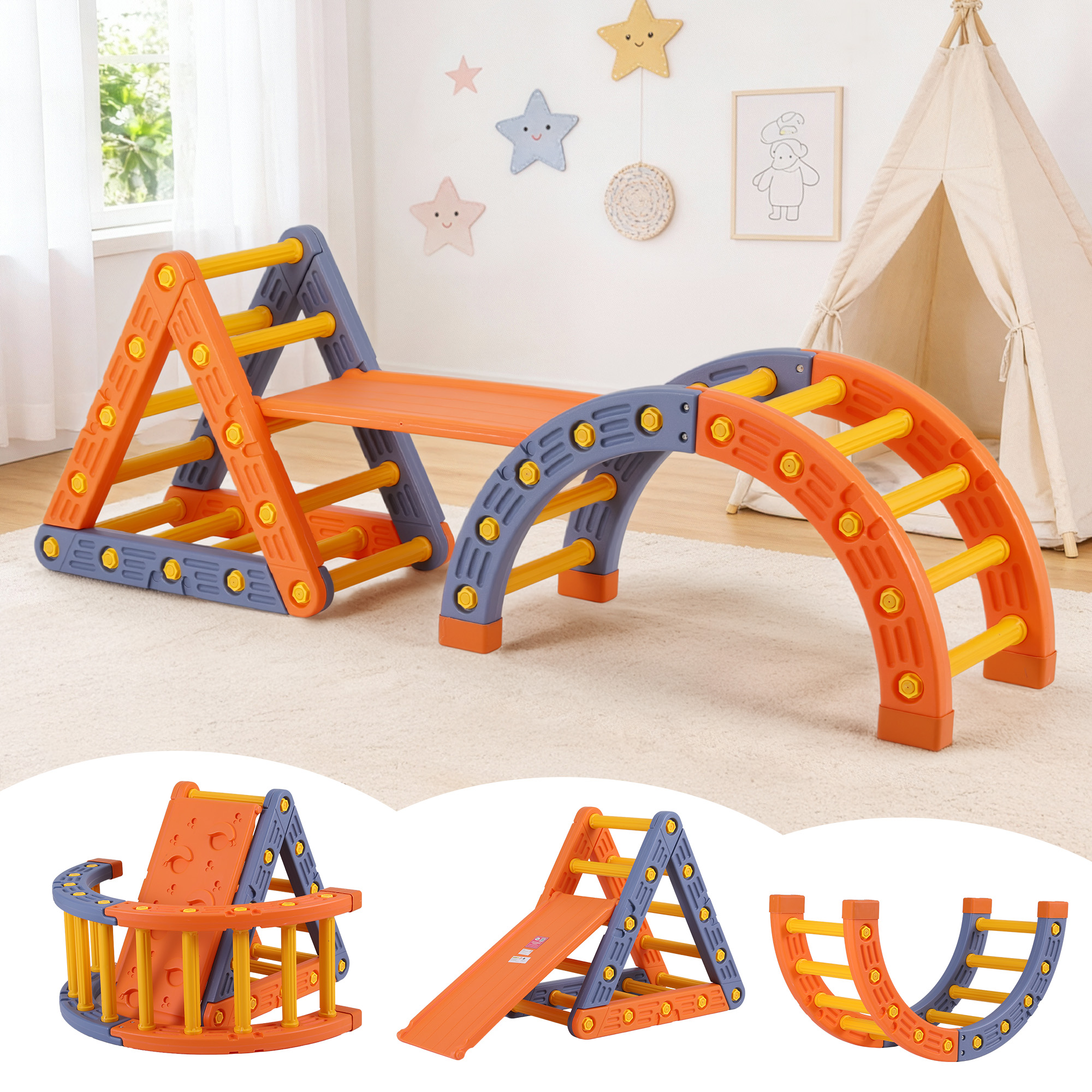 Keezi Kids Climbing Frame Set With Slide Indoor Outdoor Toddler Toys Pikler Triangle Climber With Arch - Image 1