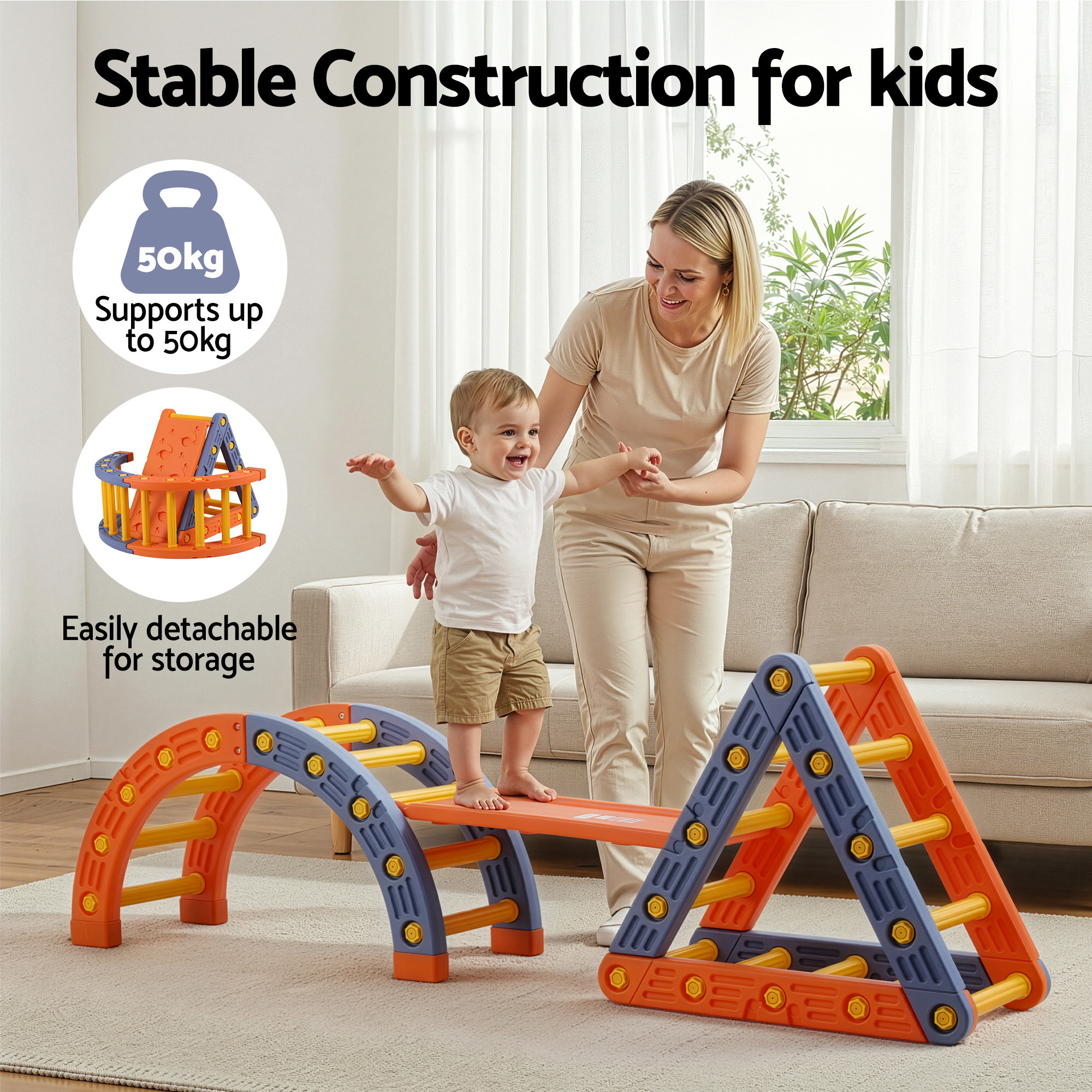 Keezi Kids Climbing Frame Set With Slide Indoor Outdoor Toddler Toys Pikler Triangle Climber With Arch - Image 8