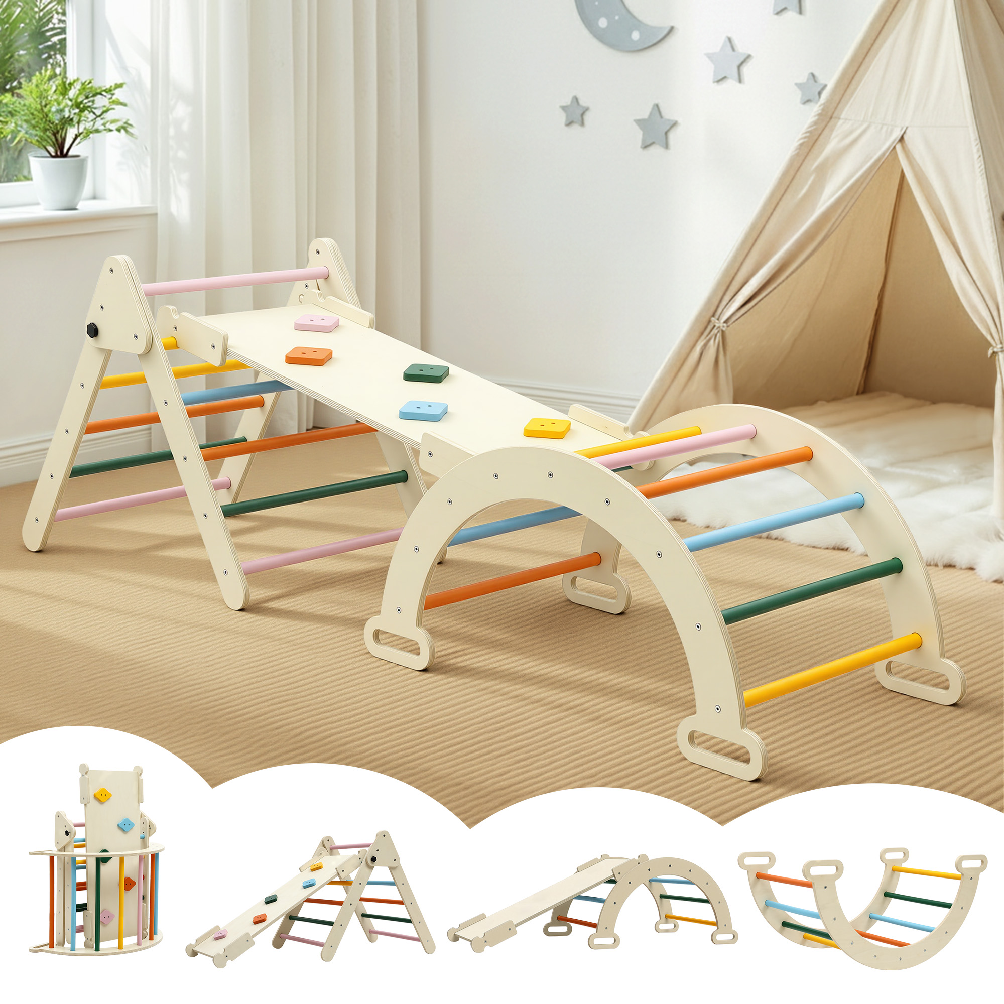 Keezi Kids Triangle Climbing Toys Set With Slide Indoor Outdoor Toddler Toys Pikler Climber With Arch - Image 1