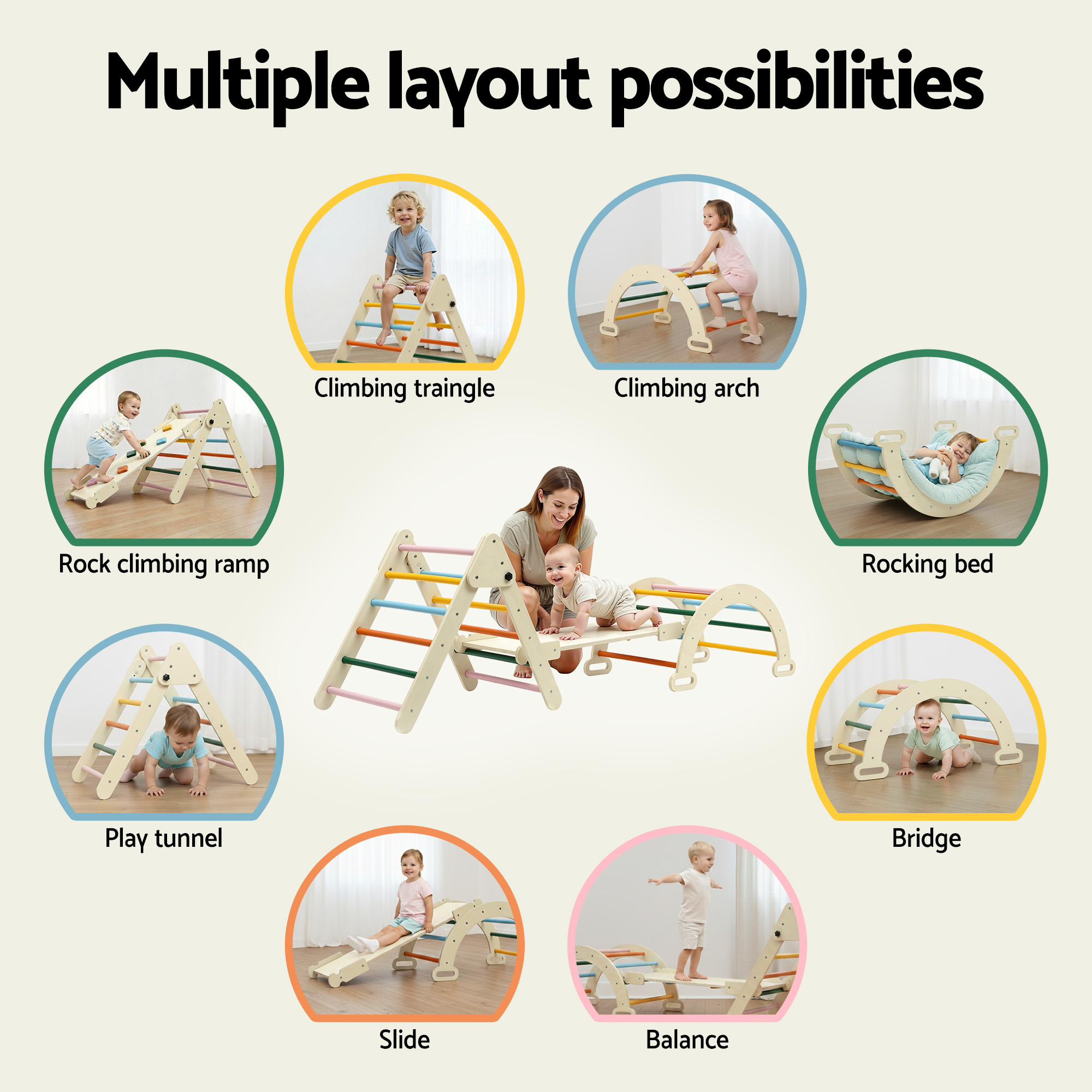 Keezi Kids Triangle Climbing Toys Set With Slide Indoor Outdoor Toddler Toys Pikler Climber With Arch - Image 5