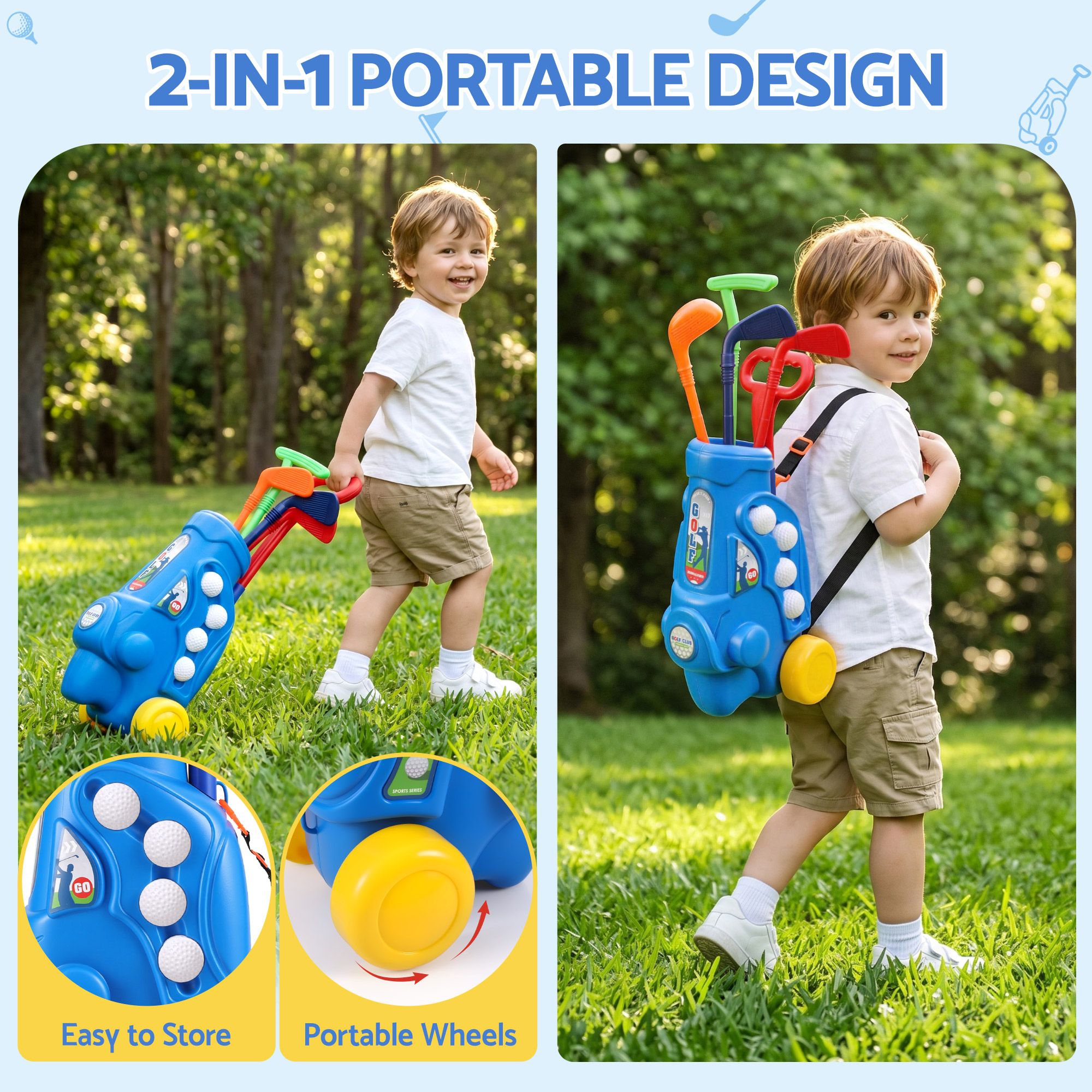 Keezi Kids Golf Set Toddler Club Set Pull Cart Indoor Outdoor Backyard Mini Toy Ages 2-6 - Image 4