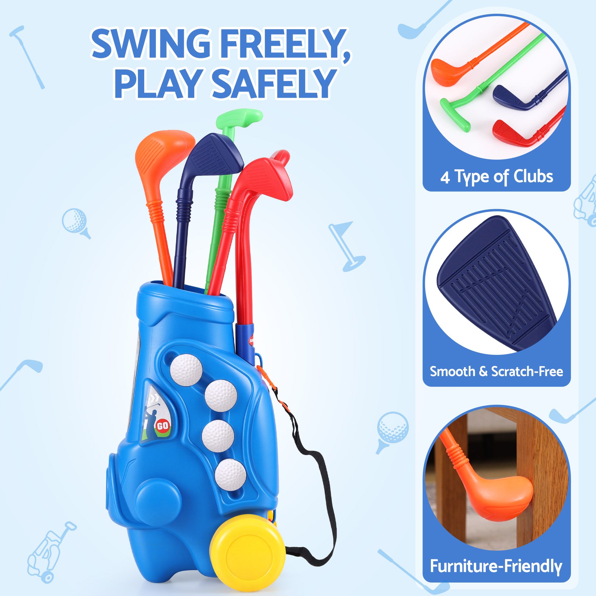 Keezi Kids Golf Set Toddler Club Set Pull Cart Indoor Outdoor Backyard Mini Toy Ages 2-6 - Image 5