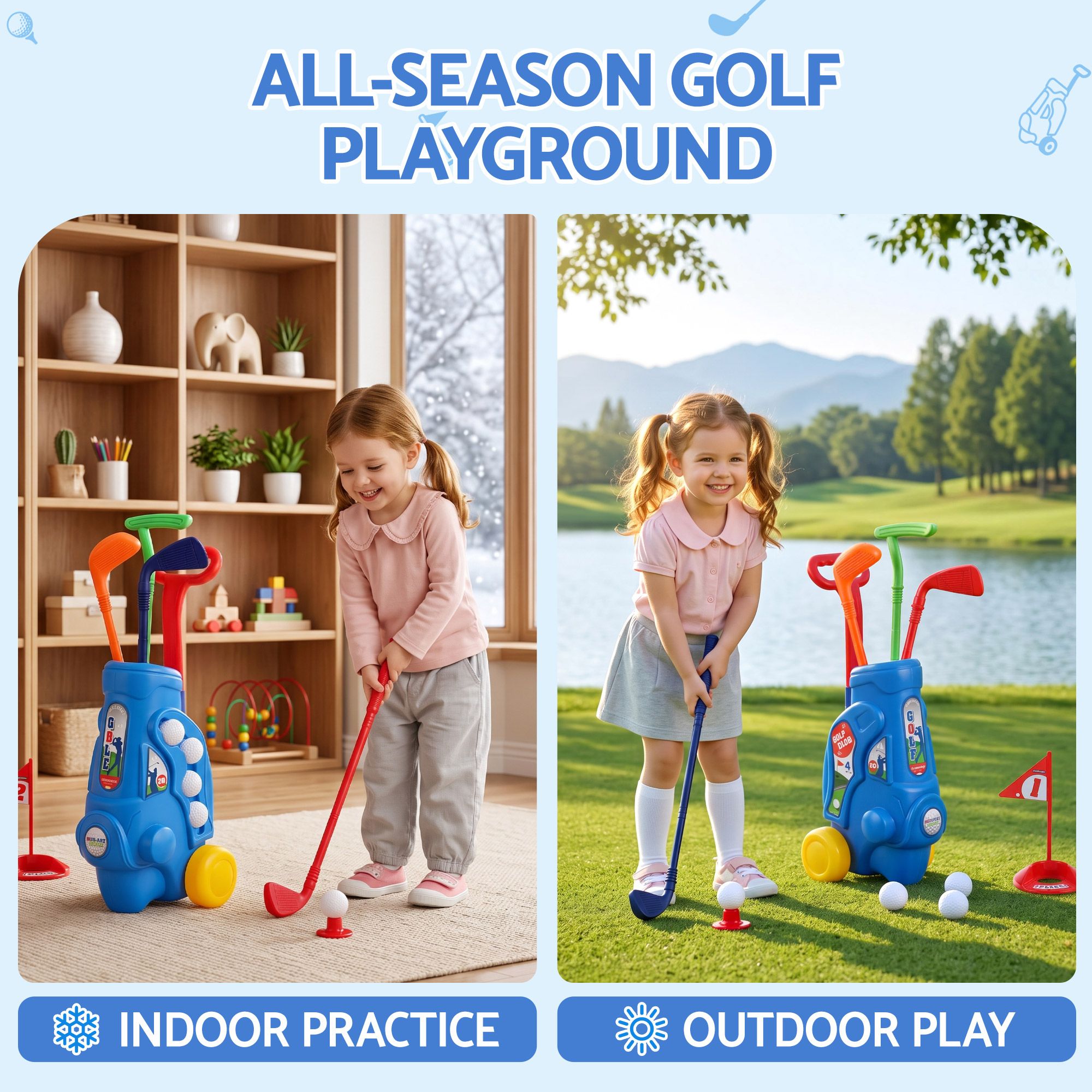 Keezi Kids Golf Set Toddler Club Set Pull Cart Indoor Outdoor Backyard Mini Toy Ages 2-6 - Image 6