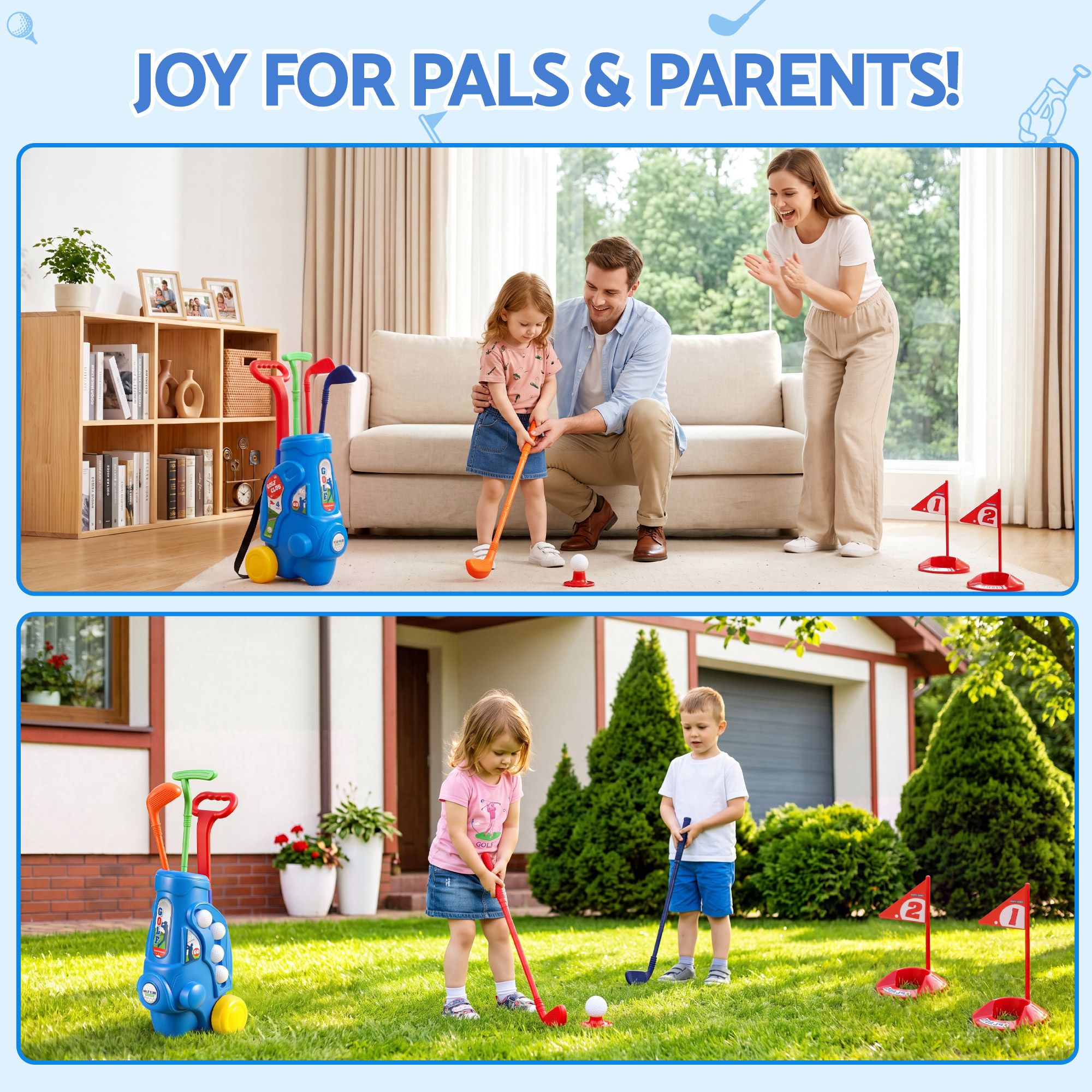 Keezi Kids Golf Set Toddler Club Set Pull Cart Indoor Outdoor Backyard Mini Toy Ages 2-6 - Image 7