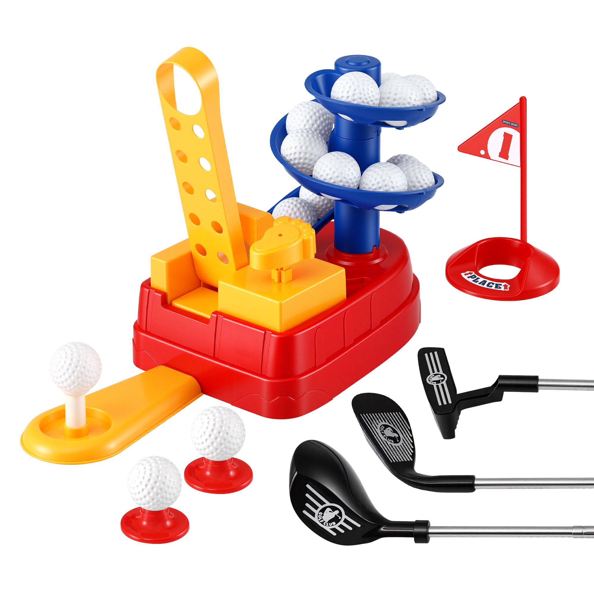 Keezi Kids Golf Toy Set with 20 Balls & 3 Adjustable Clubs, Foot Pedal Ball Launcher Portable Training Toy, Indoor Outdoor Backyard Sports Game for Ages 3-8 - Image 1