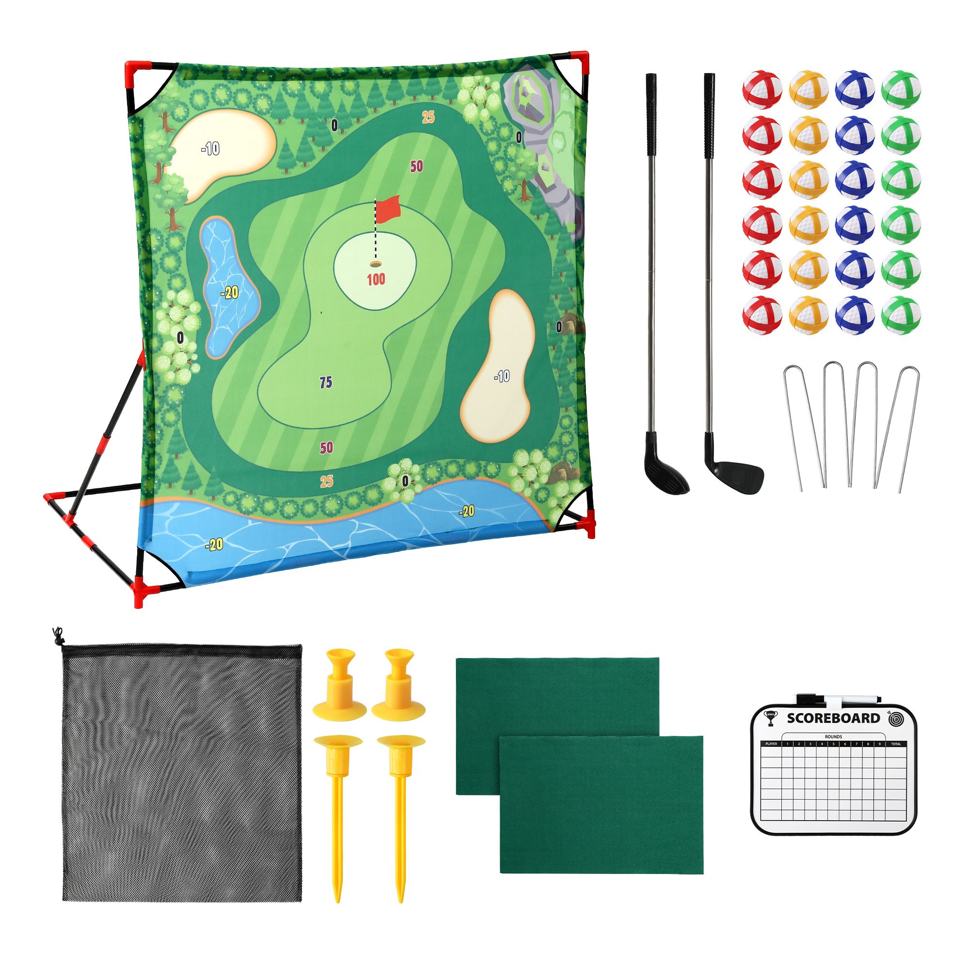 Keezi Kids Golf Chipping Game Set with Stand, 24 Sticky Balls, Adjustable Club & 2 Hitting Mats for Indoor Outdoor Ages 3-12 Play - Image 3