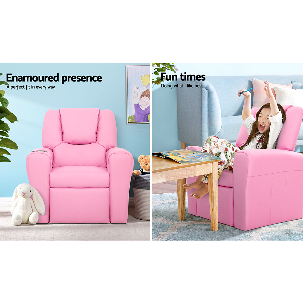 Keezi Kids Recliner Chair Pink PU Leather Sofa Lounge Couch Children Armchair - Image 4