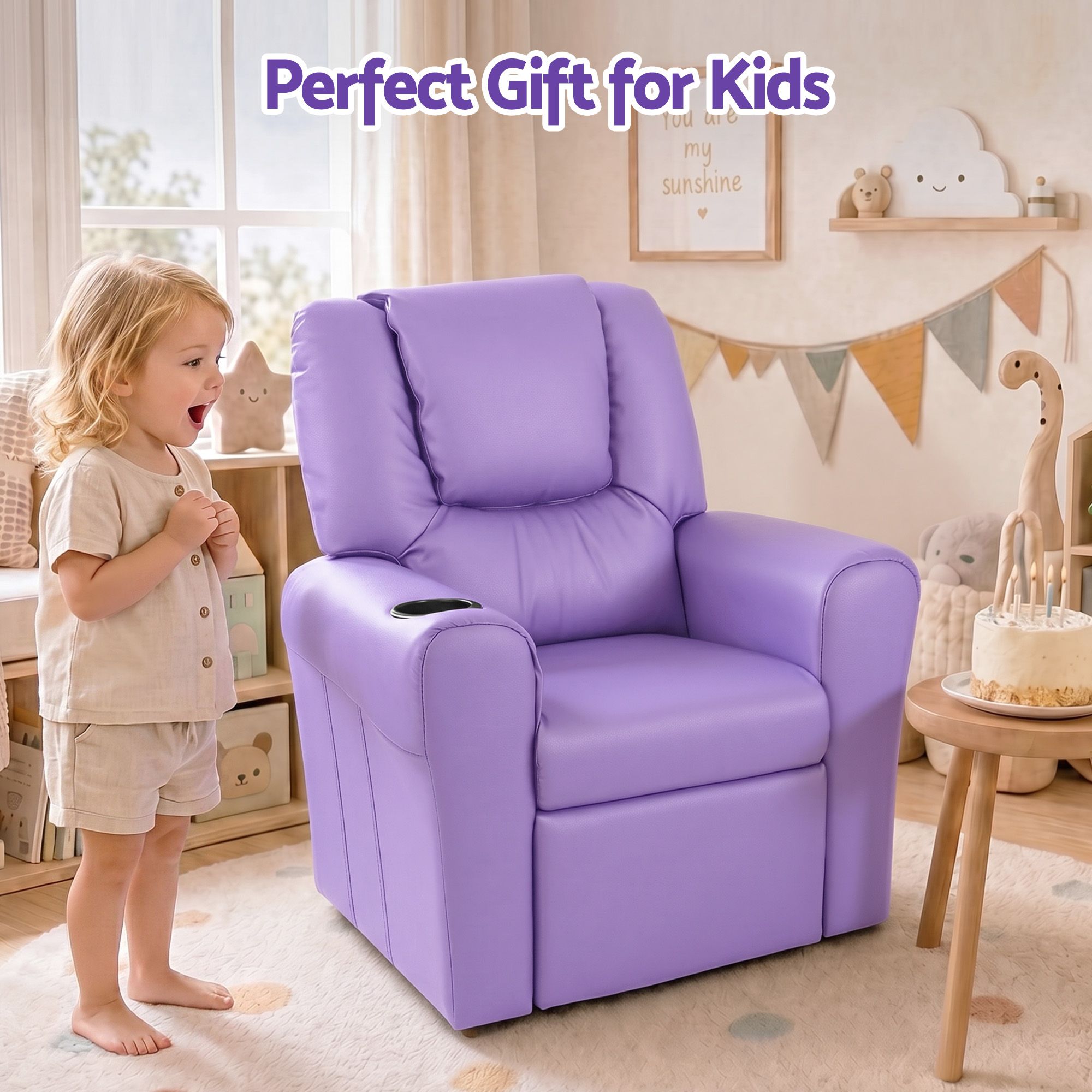 Keezi Kids Recliner Chair Purple PU Leather Sofa Lounge Couch Children Armchair - Image 8