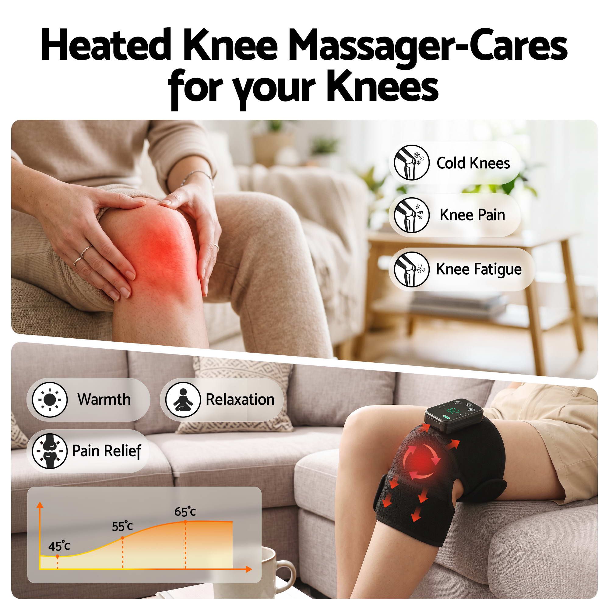 Livemor Knee Massager with Heat (2 Pack), Cordless Heated Knee Massage for Pain Relief with 3 Heating Levels, 3 Vibration Modes, Gentle Lights, Adjustable Straps, 3-in-1, Gift for Men and Women - Image 4