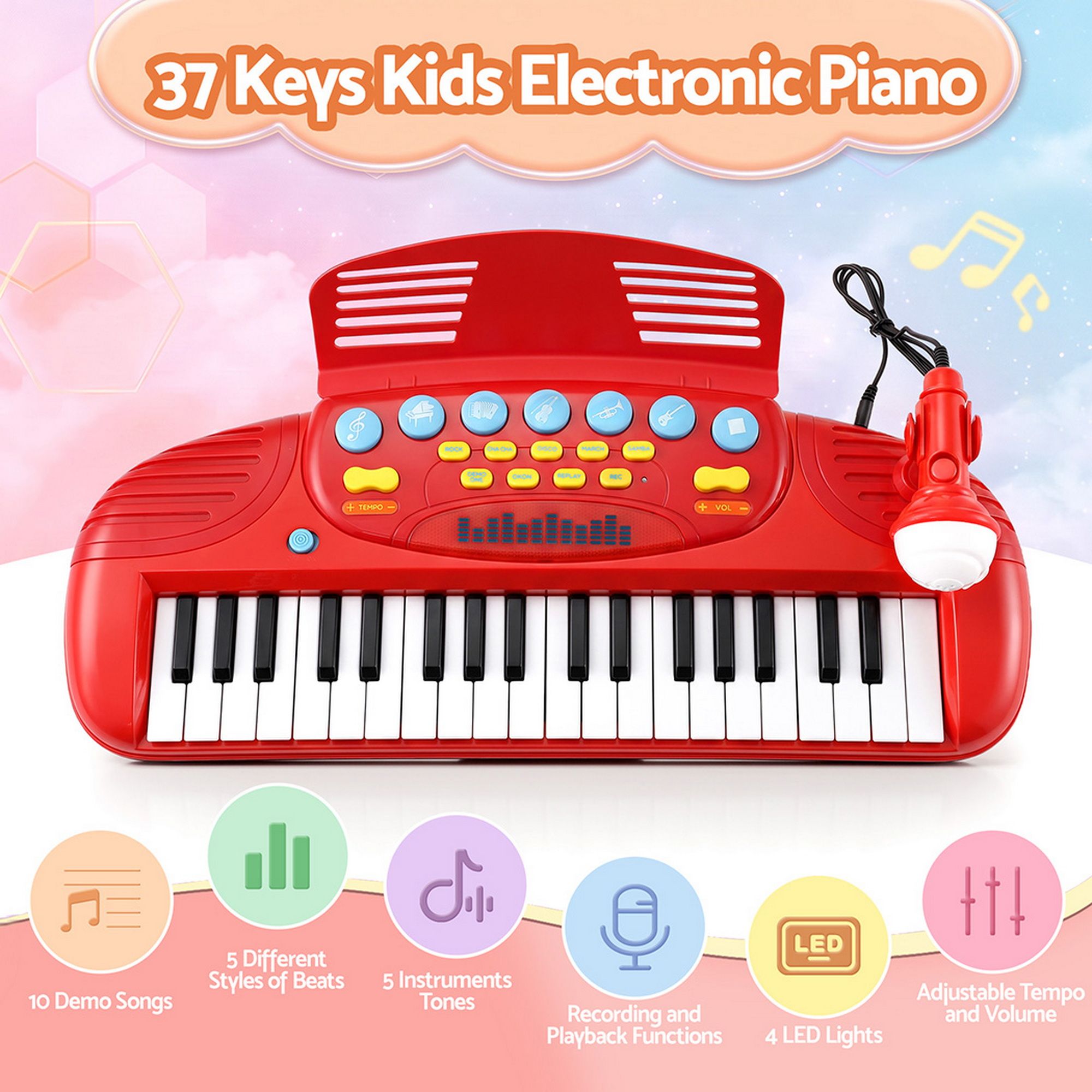 Keezi Kids Piano Keyboard 37 Keys Electronic Musical Instrument Set w/ Stool Microphone - Image 5