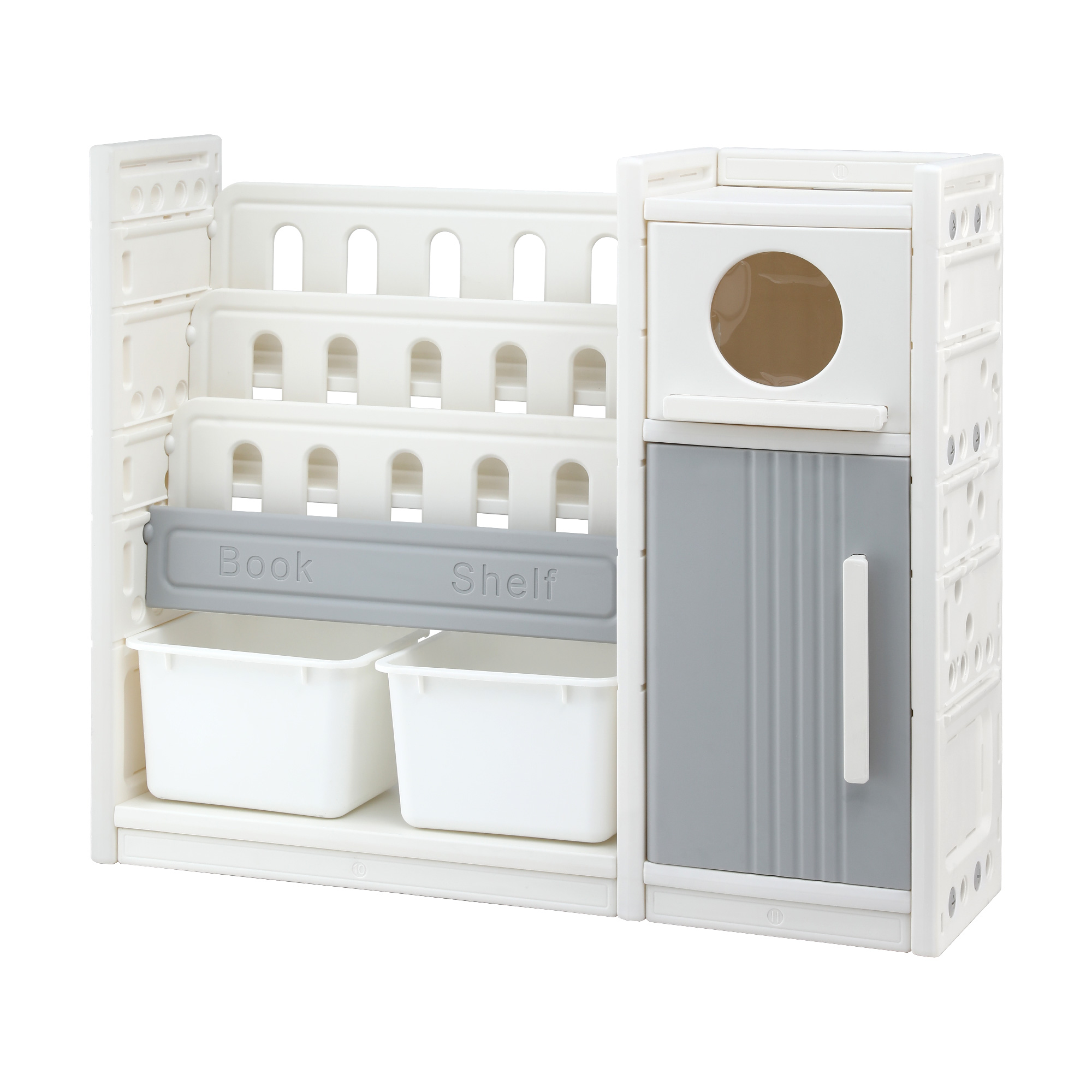 Keezi Kids Bookshelf and Toy Storage Organizer with 3-Tier Bookshelvs, 2 Removable Bins and 2 Storage Cabinets, Toddler Bookshelf with Toy Organizer for Kids' Rooms, Playrooms - Image 1