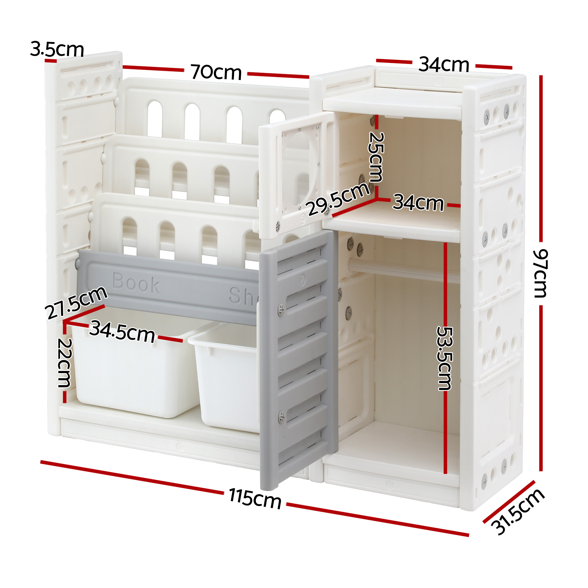 Keezi Kids Bookshelf and Toy Storage Organizer with 3-Tier Bookshelvs, 2 Removable Bins and 2 Storage Cabinets, Toddler Bookshelf with Toy Organizer for Kids' Rooms, Playrooms - Image 3