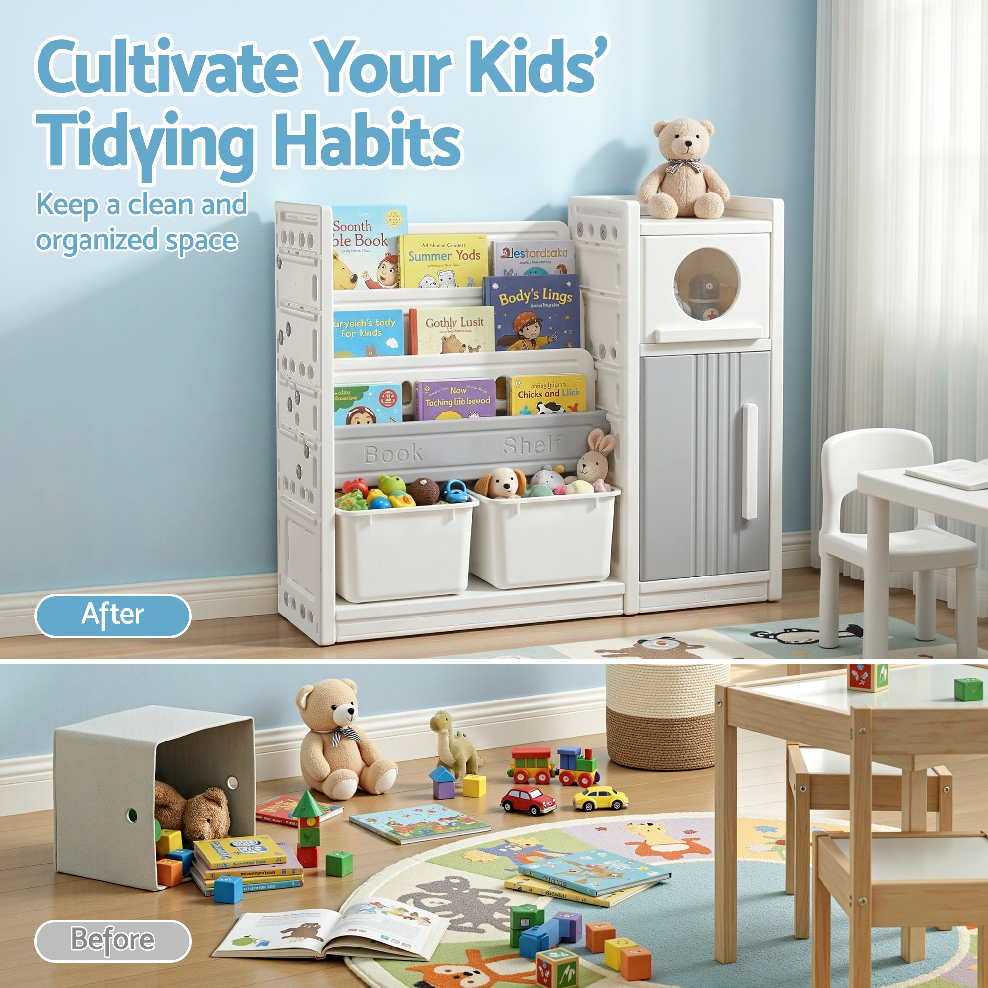 Keezi Kids Bookshelf and Toy Storage Organizer with 3-Tier Bookshelvs, 2 Removable Bins and 2 Storage Cabinets, Toddler Bookshelf with Toy Organizer for Kids' Rooms, Playrooms - Image 6