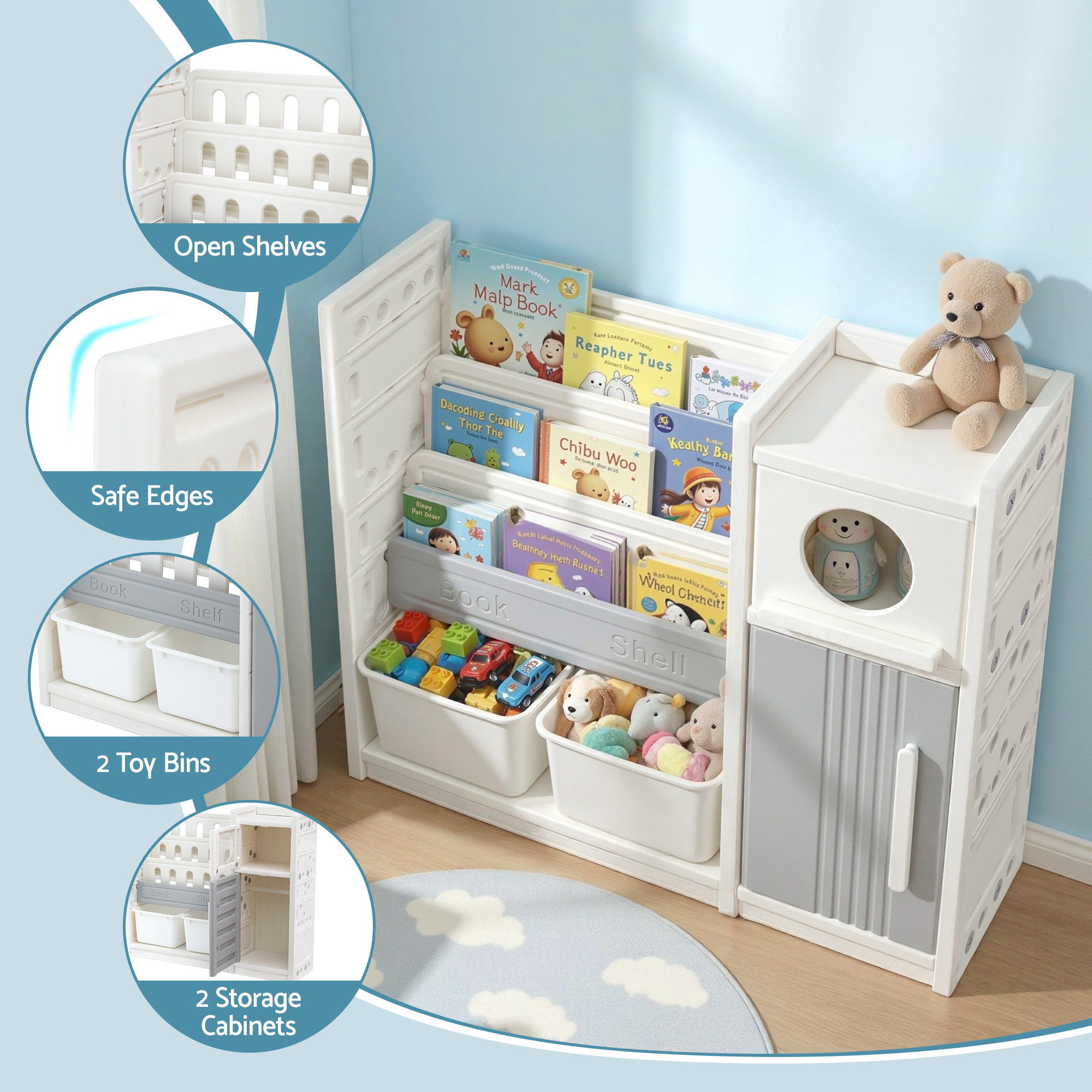 Keezi Kids Bookshelf and Toy Storage Organizer with 3-Tier Bookshelvs, 2 Removable Bins and 2 Storage Cabinets, Toddler Bookshelf with Toy Organizer for Kids' Rooms, Playrooms - Image 7