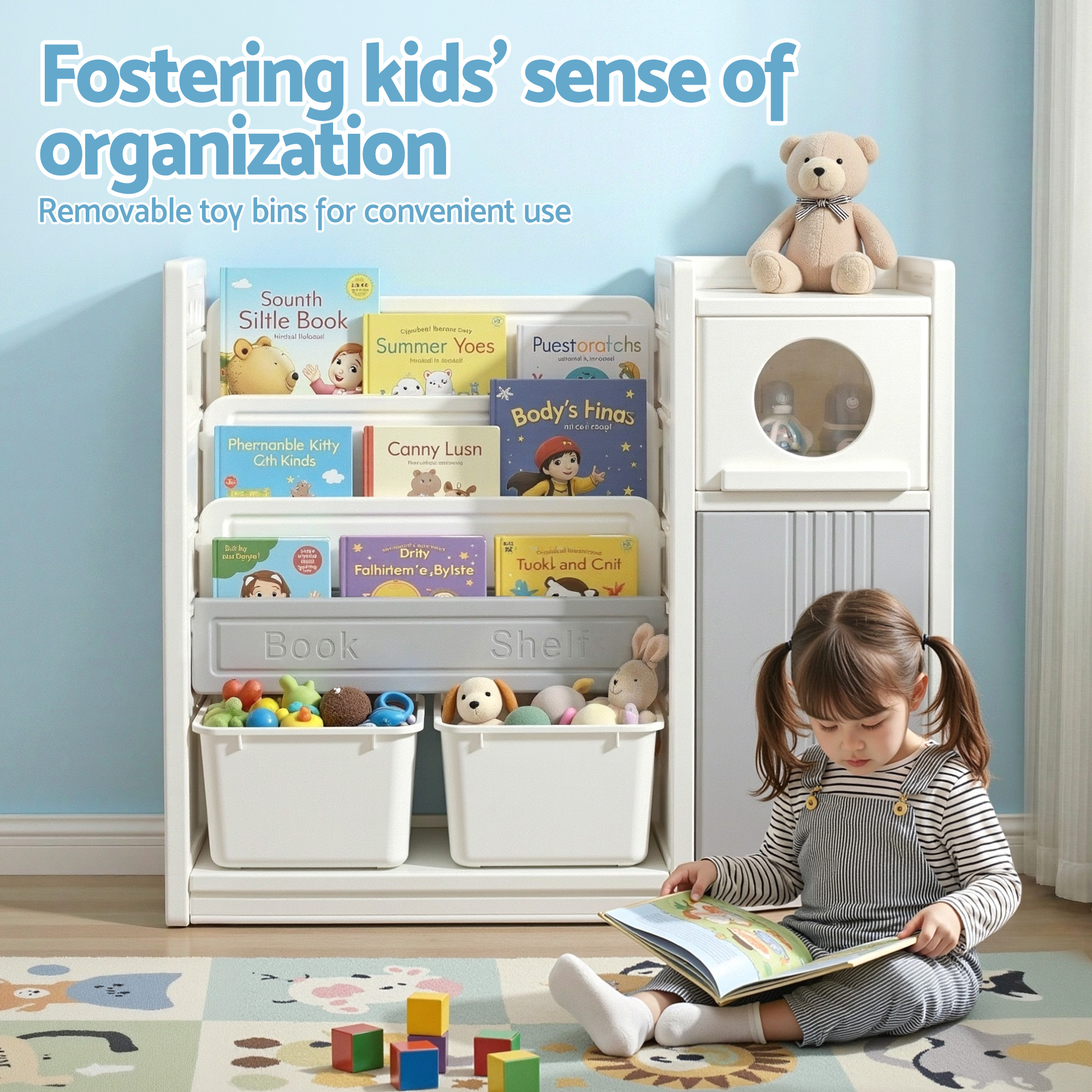 Keezi Kids Bookshelf and Toy Storage Organizer with 3-Tier Bookshelvs, 2 Removable Bins and 2 Storage Cabinets, Toddler Bookshelf with Toy Organizer for Kids' Rooms, Playrooms - Image 8