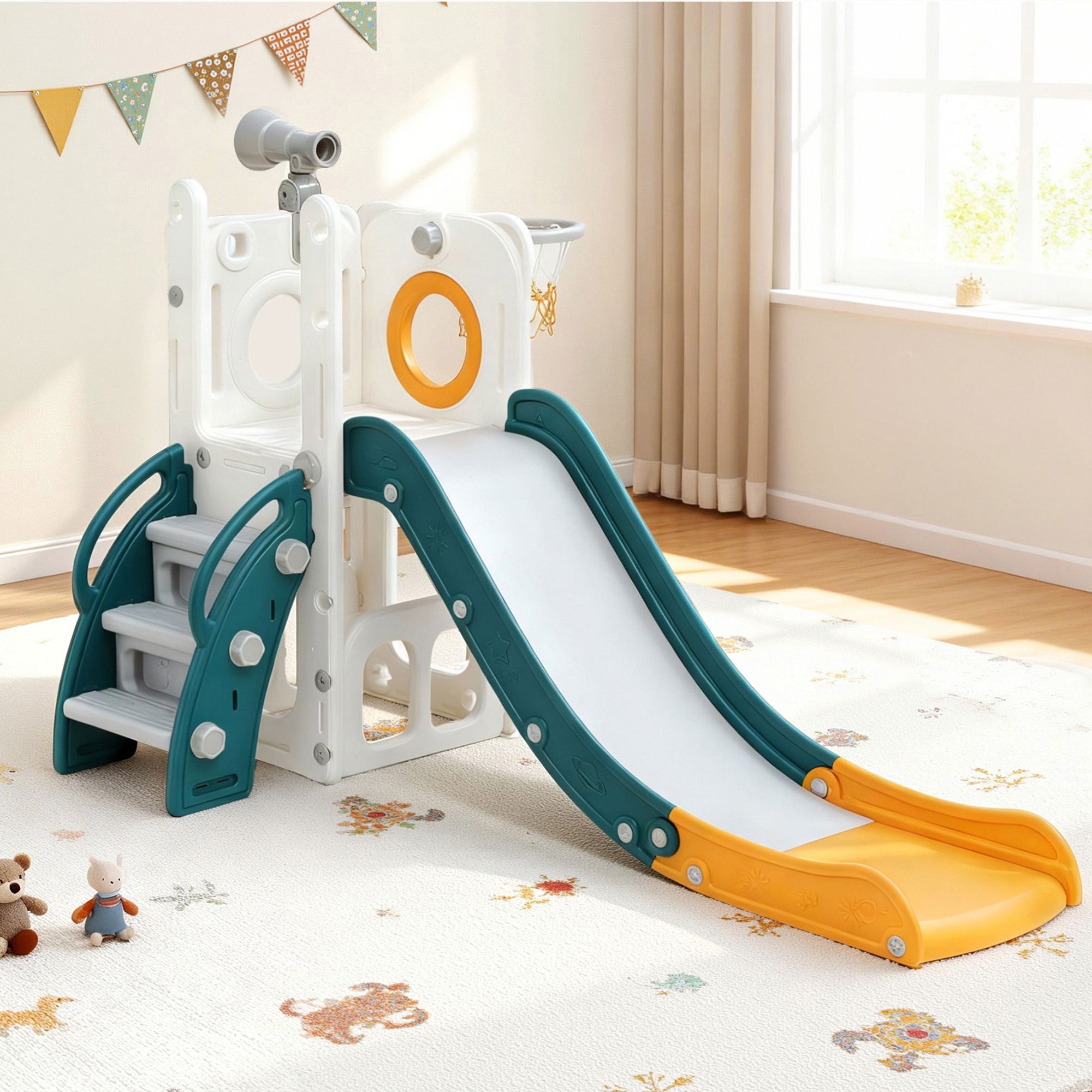 Keezi Kids Slide Set Basketball Hoop Outdoor Playground Outdoor Toys Telescope Storage - Image 1