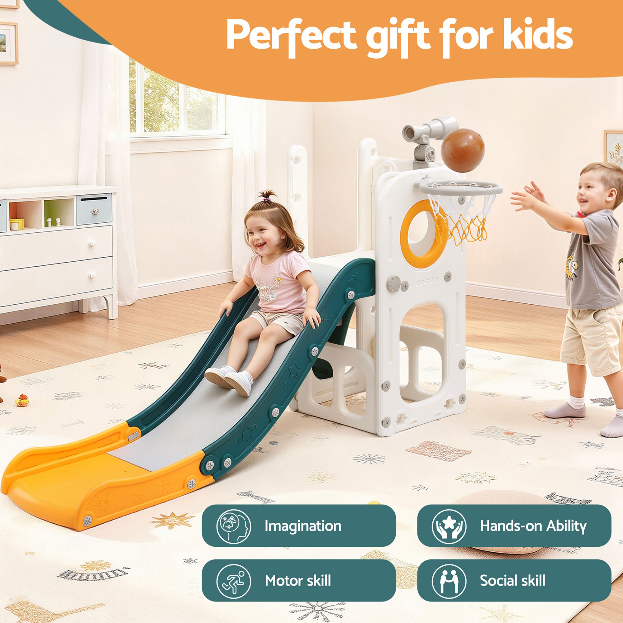 Keezi Kids Slide Set Basketball Hoop Outdoor Playground Outdoor Toys Telescope Storage - Image 8