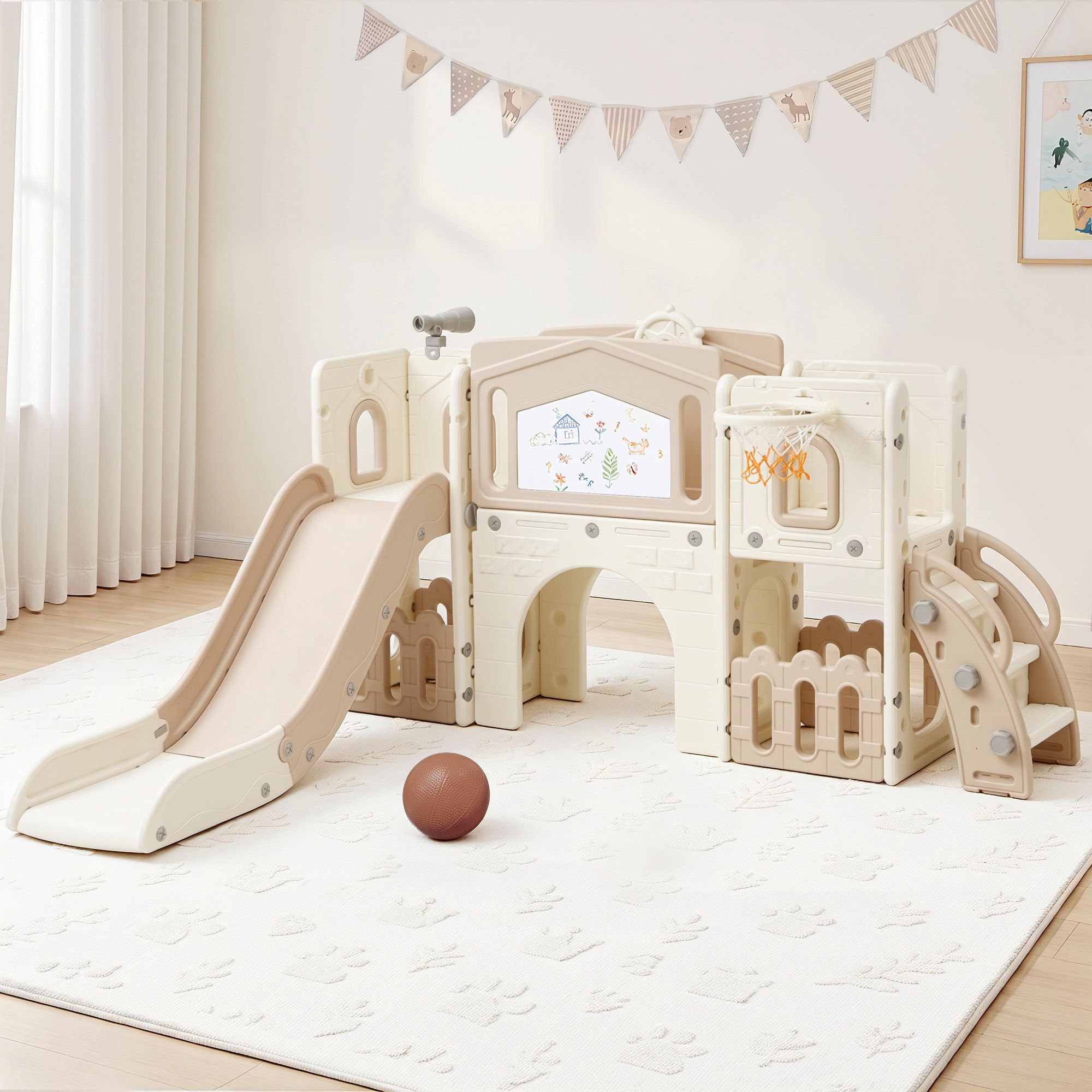Keezi Kids Slide Set Toddler Indoor Playset With Drawing Board Beige - Image 1