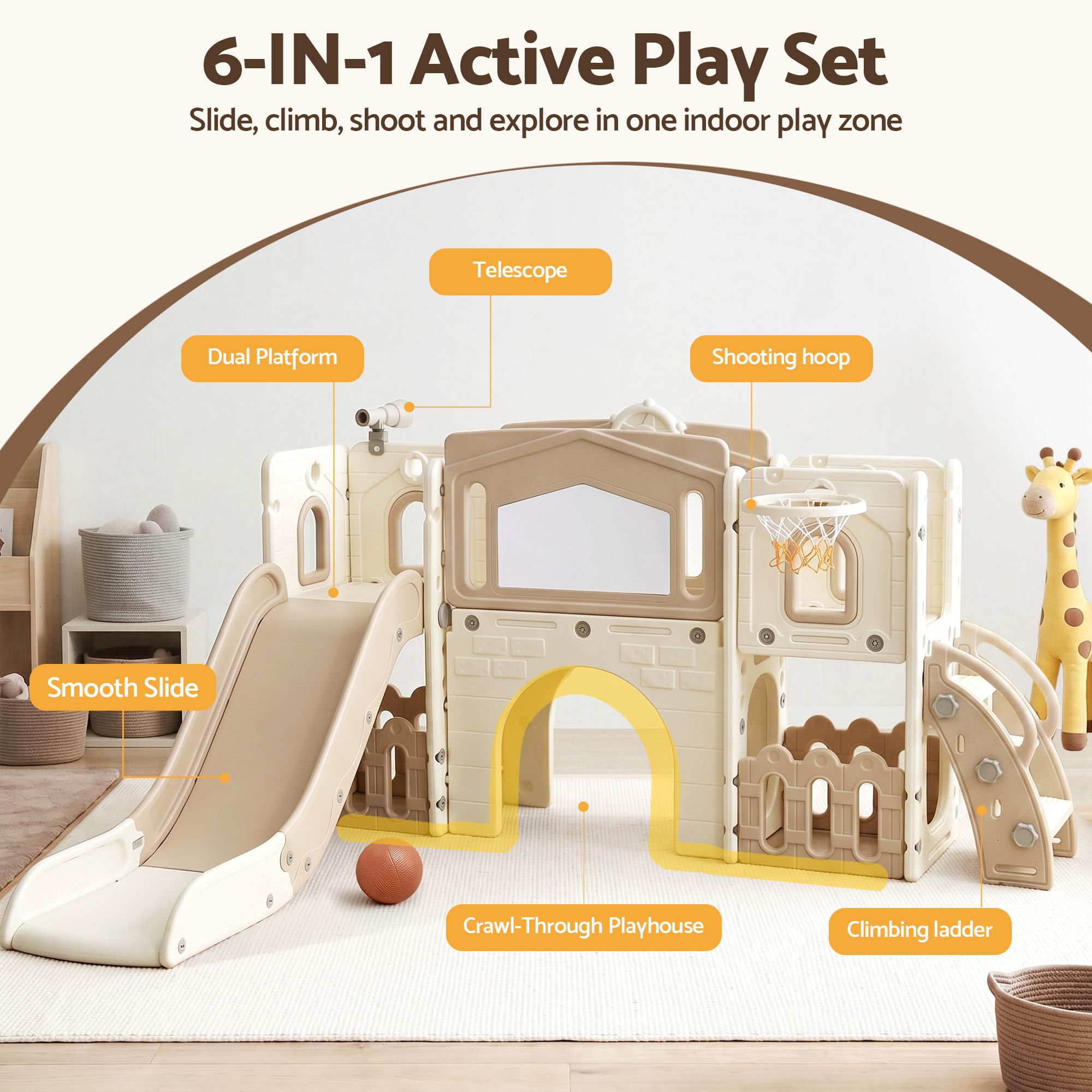 Keezi Kids Slide Set Toddler Indoor Playset With Drawing Board Beige - Image 4