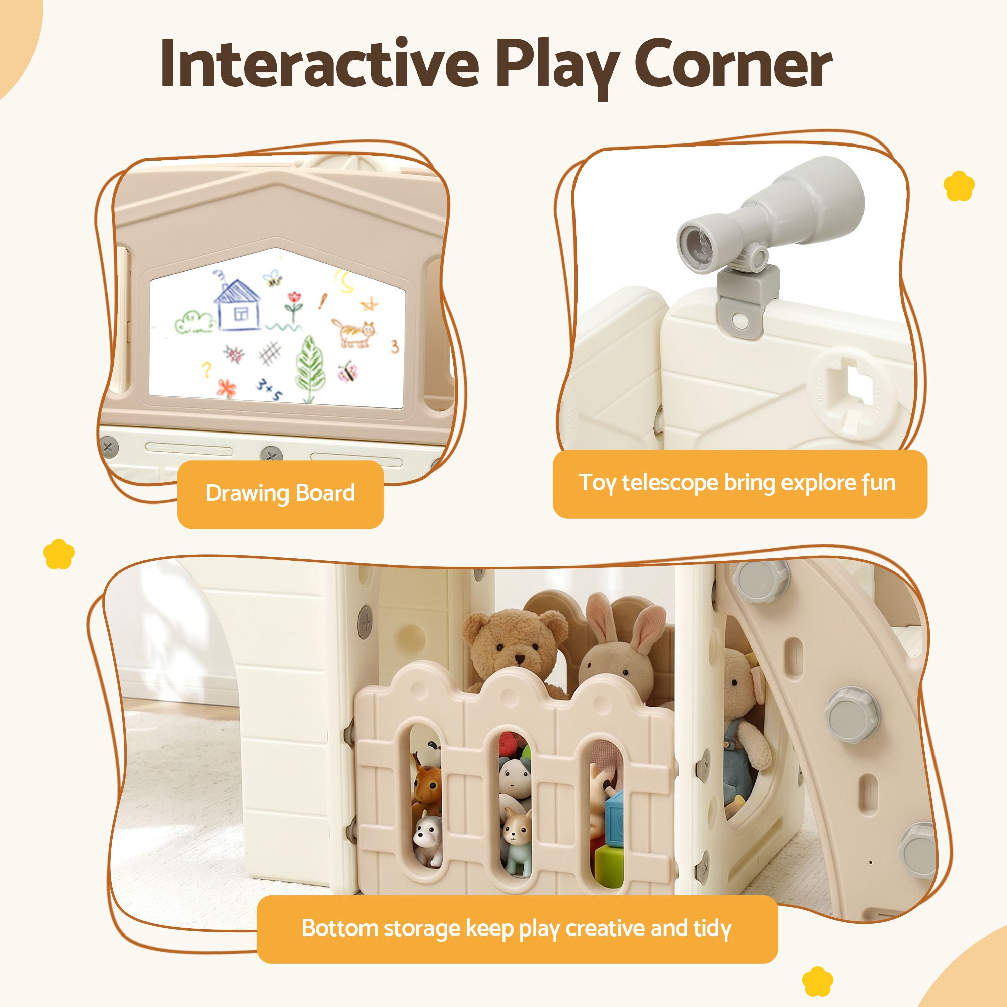 Keezi Kids Slide Set Toddler Indoor Playset With Drawing Board Beige - Image 5