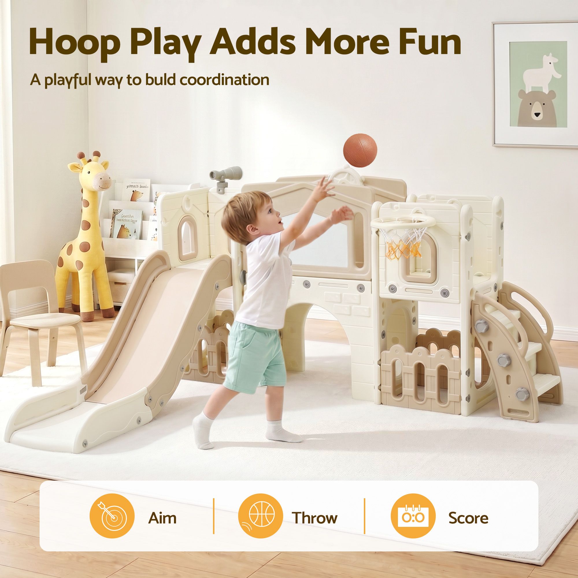 Keezi Kids Slide Set Toddler Indoor Playset With Drawing Board Beige - Image 6