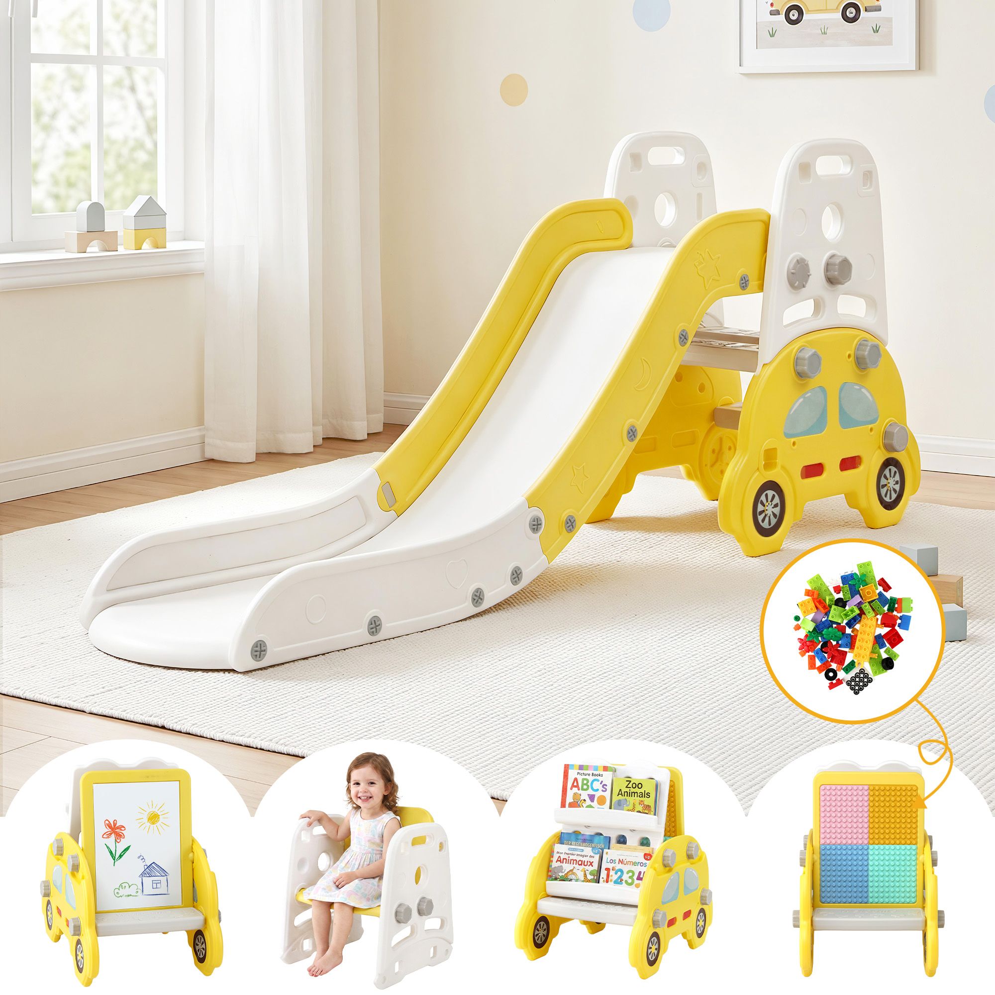 Keezi Kids Slide Set Toddler Indoor Playset Bookshelf Drawing Board Yellow - Image 1