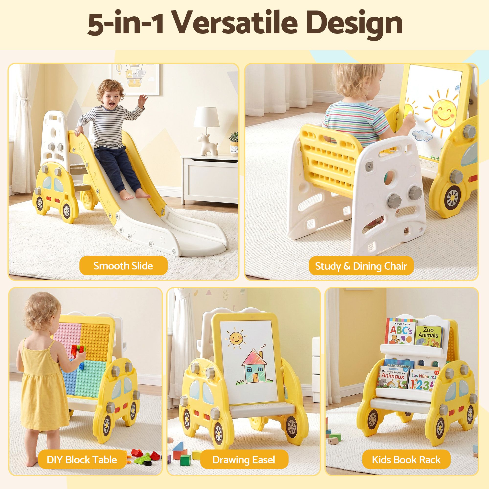 Keezi Kids Slide Set Toddler Indoor Playset Bookshelf Drawing Board Yellow - Image 4