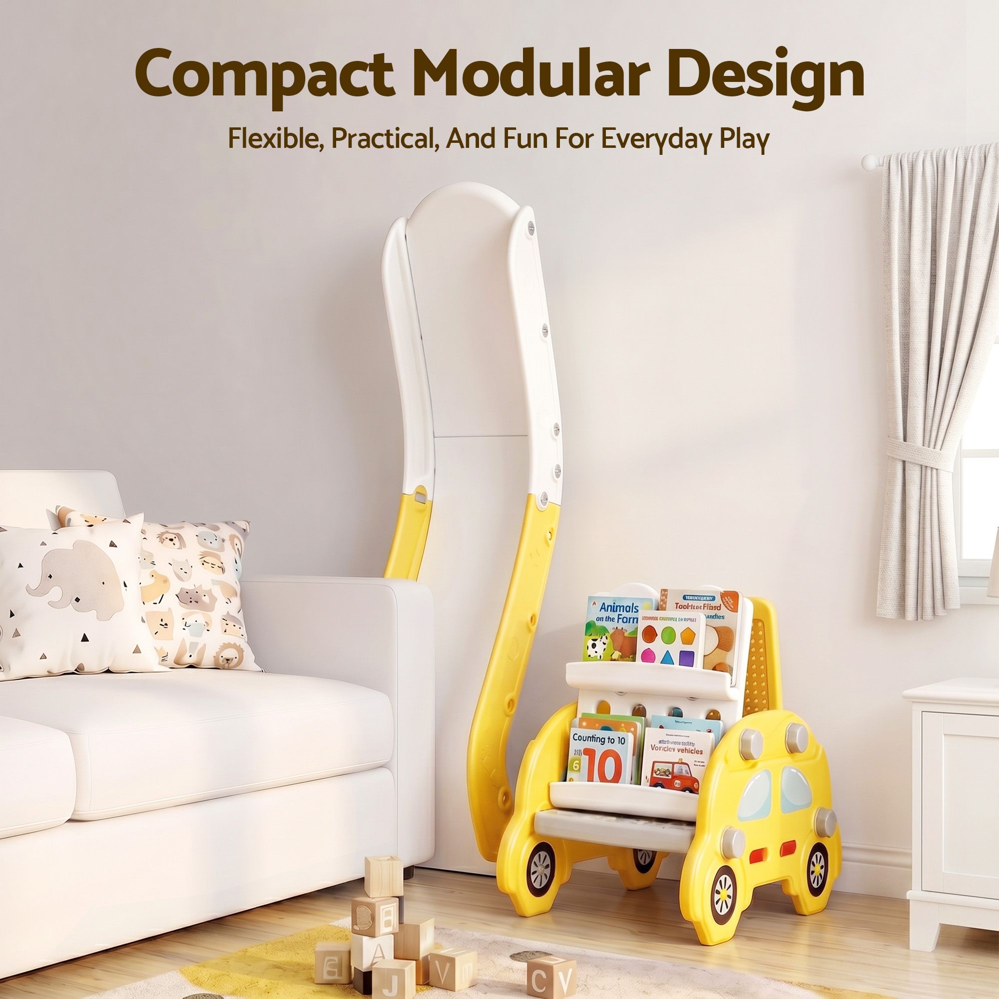Keezi Kids Slide Set Toddler Indoor Playset Bookshelf Drawing Board Yellow - Image 5