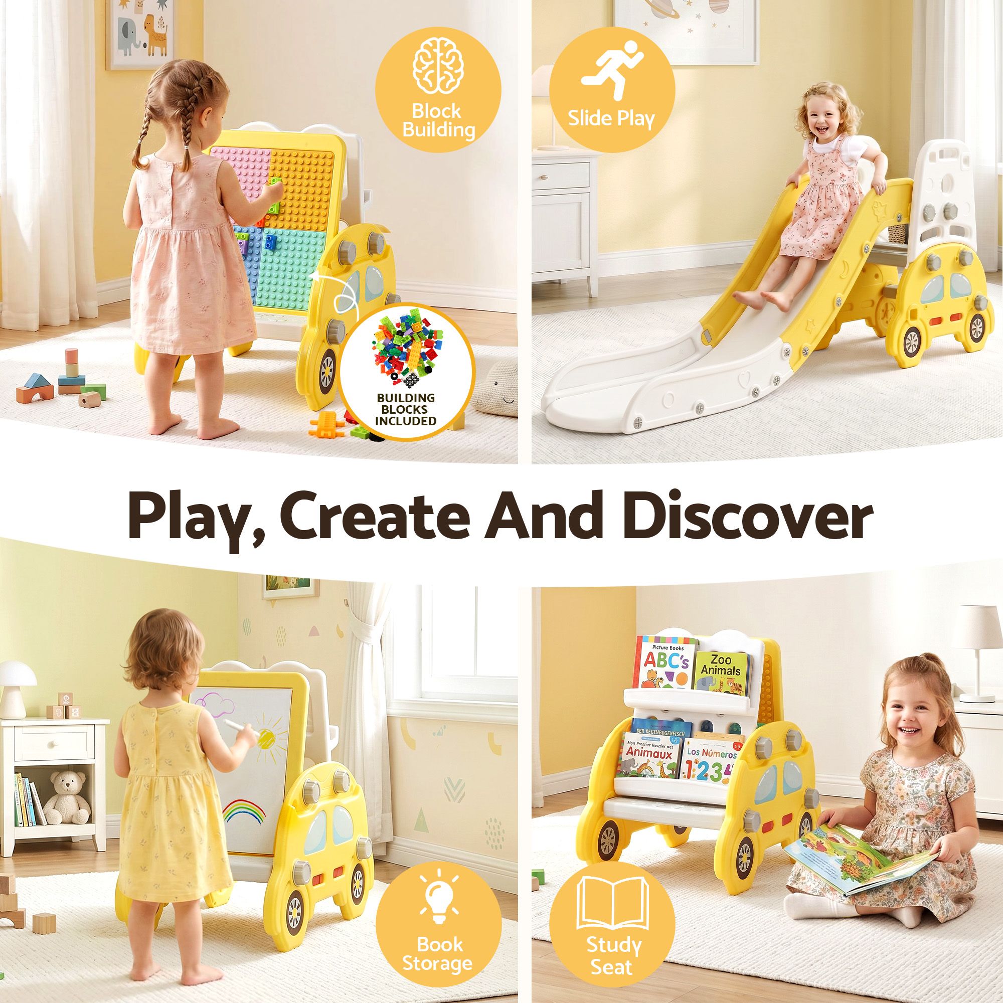 Keezi Kids Slide Set Toddler Indoor Playset Bookshelf Drawing Board Yellow - Image 6