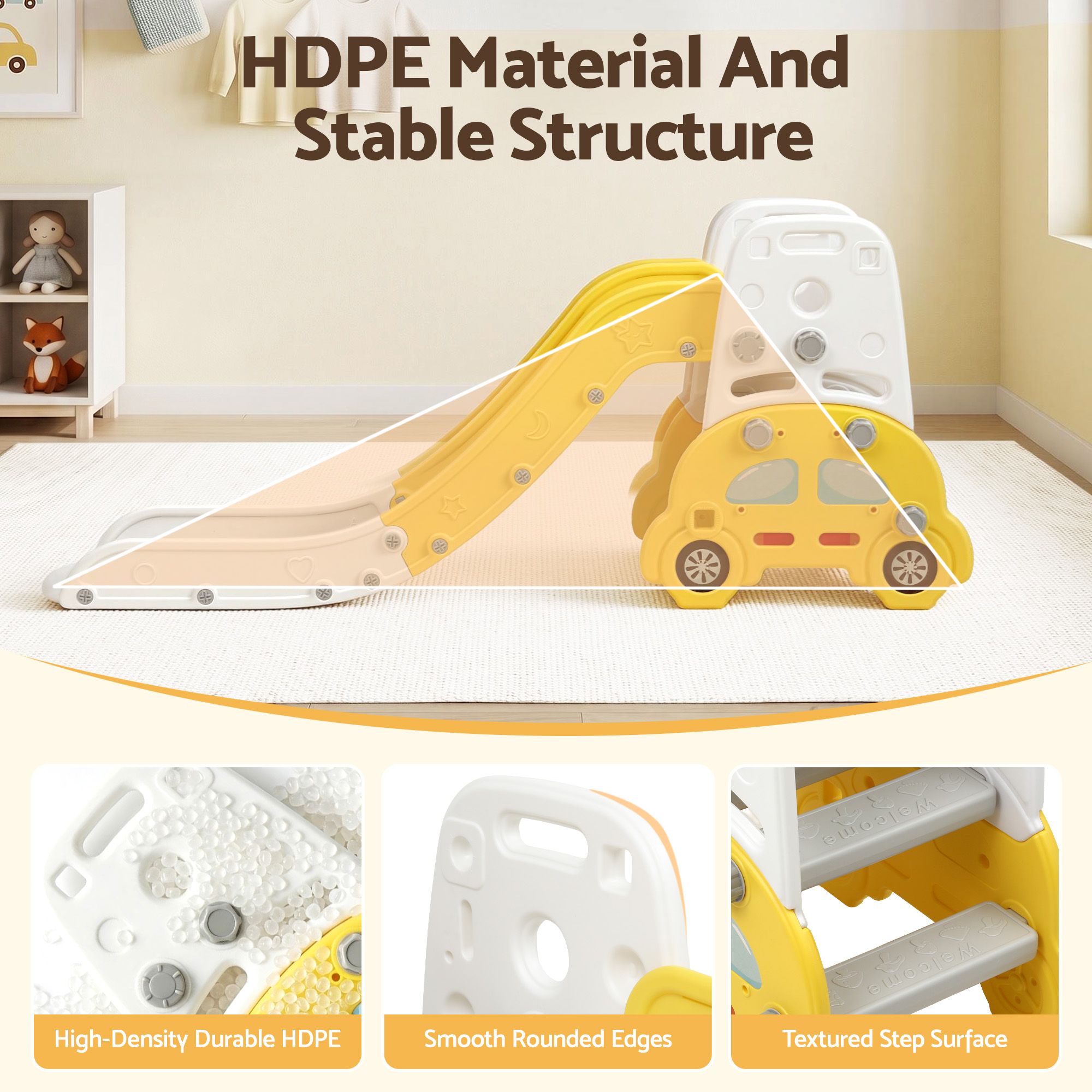 Keezi Kids Slide Set Toddler Indoor Playset Bookshelf Drawing Board Yellow - Image 8