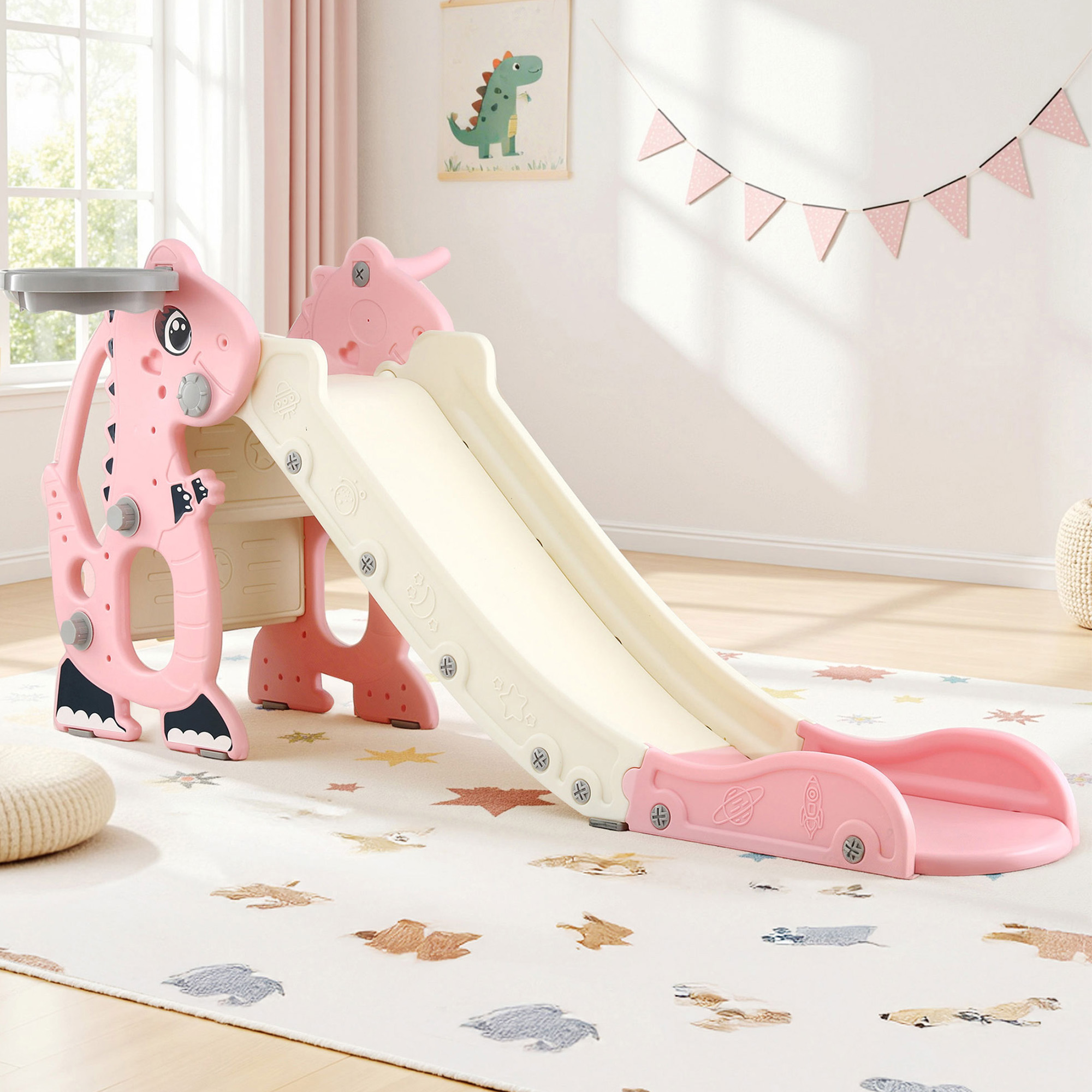 Keezi Kids Slide Set Basketball Hoop Outdoor Playground Toy Dragon 125cm Slide Pink - Image 1