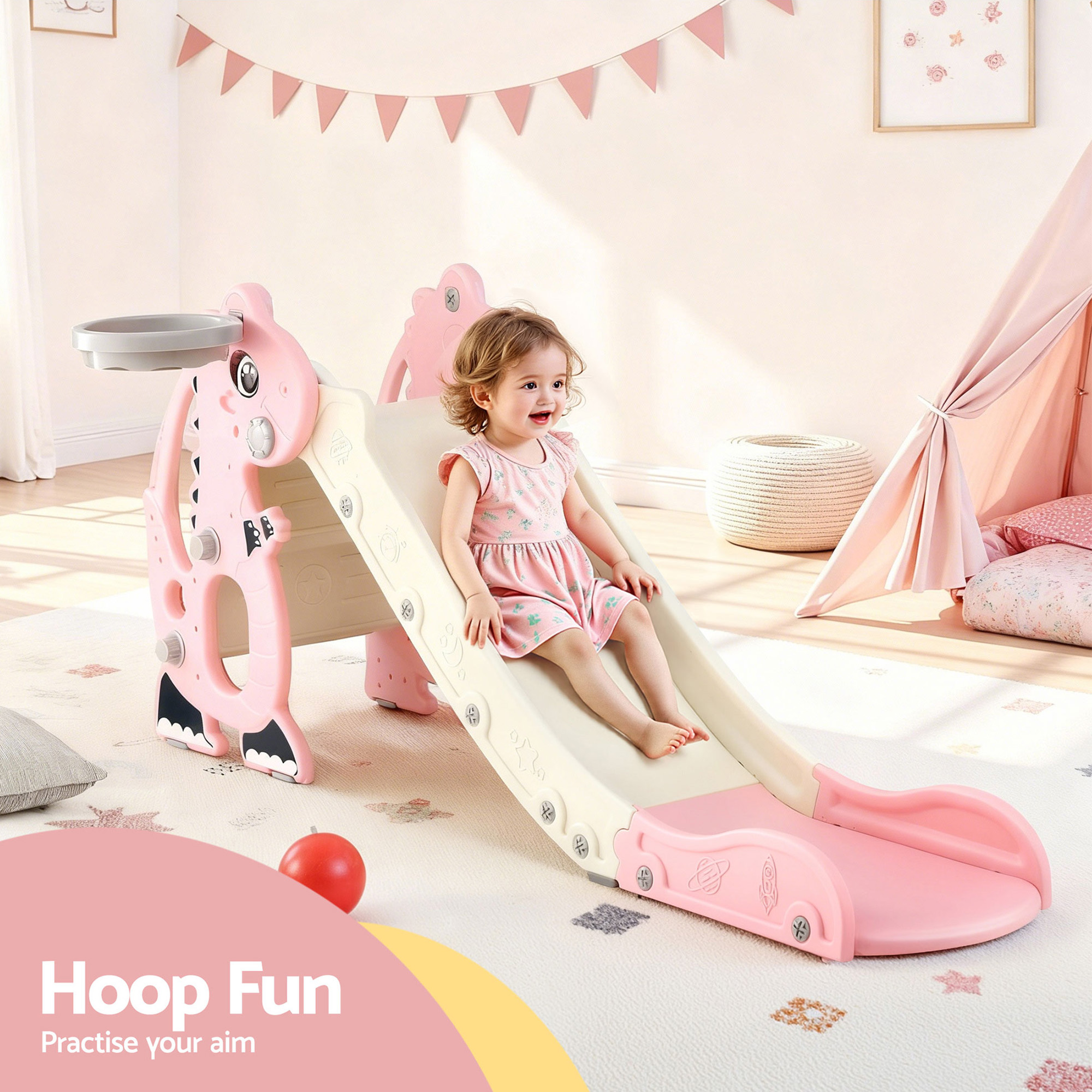 Keezi Kids Slide Set Basketball Hoop Outdoor Playground Toy Dragon 125cm Slide Pink - Image 4