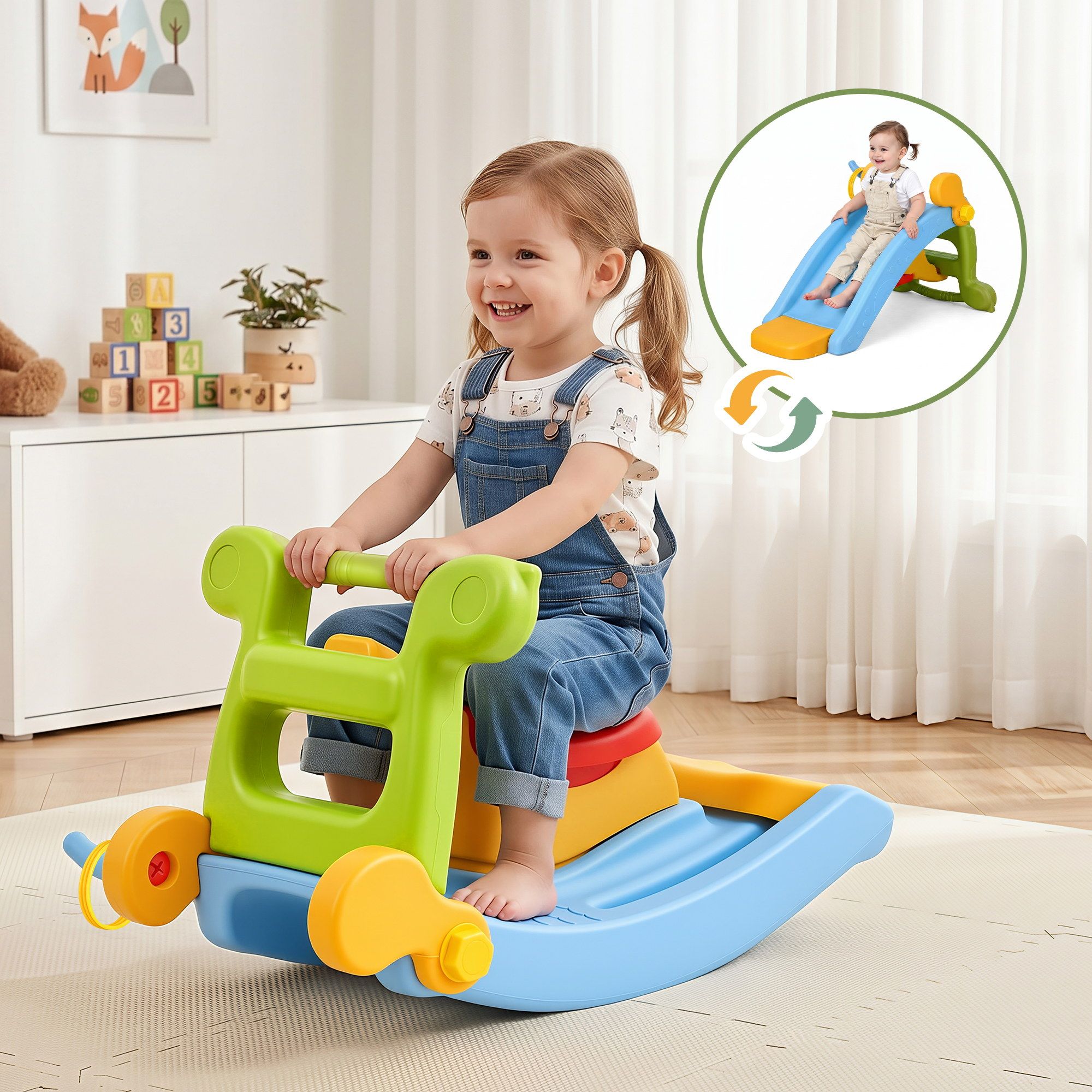 Keezi Kids Slide Set Toddler Indoor Playset Rocking Horse Ring Toss Multi Colour - Image 1