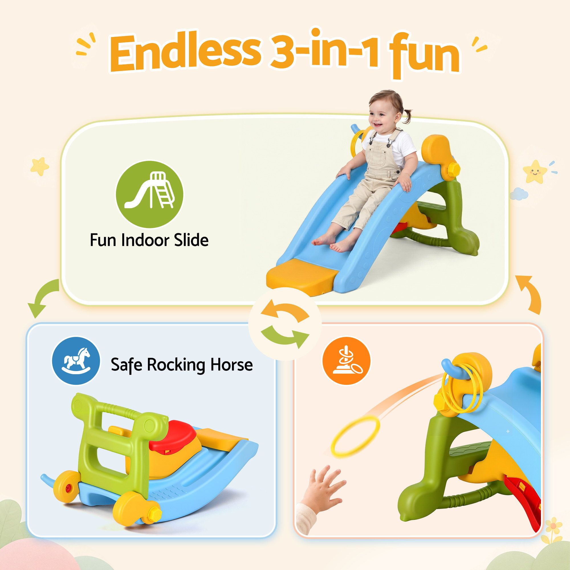 Keezi Kids Slide Set Toddler Indoor Playset Rocking Horse Ring Toss Multi Colour - Image 4