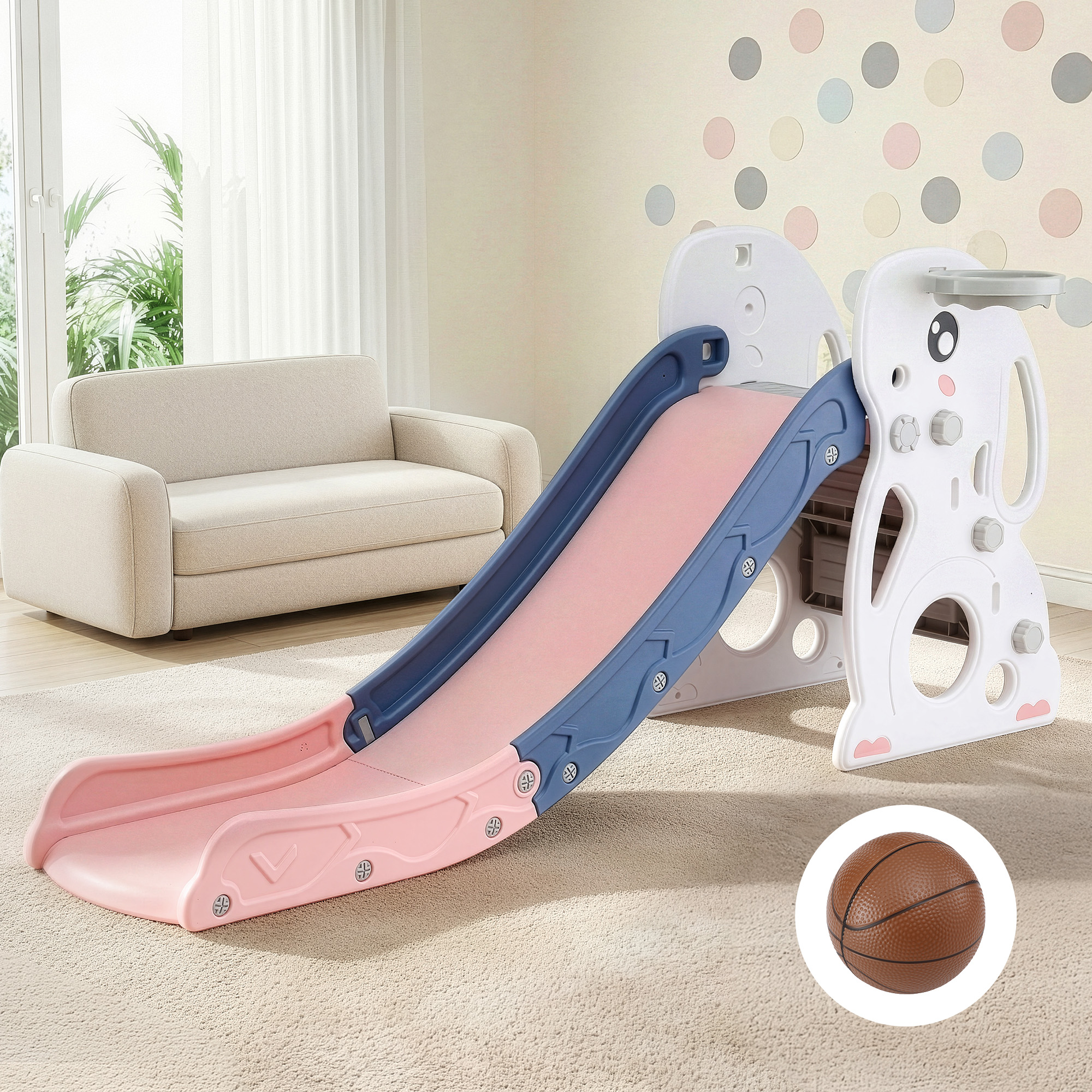 Keezi Kids Slide Set Basketball Hoop Ring Outdoor Playground Toy Rabbit 147cm - Image 1