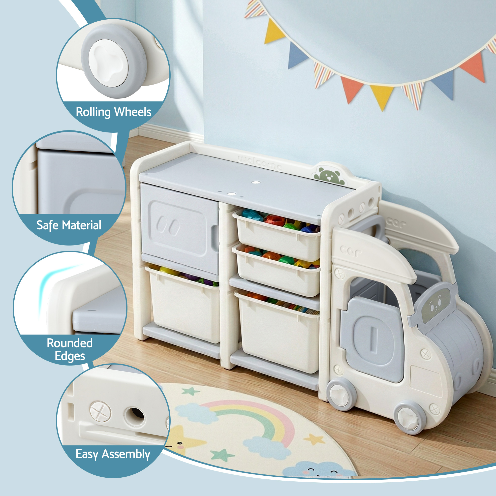 Keezi Toy Storage Organizer with 4 Storage Bins and Cabinet, Bookcase Kids Toys Box, Toy Storage for Kids Room, Playroom, Bedroom, Nursery, Car Shaped - Image 7
