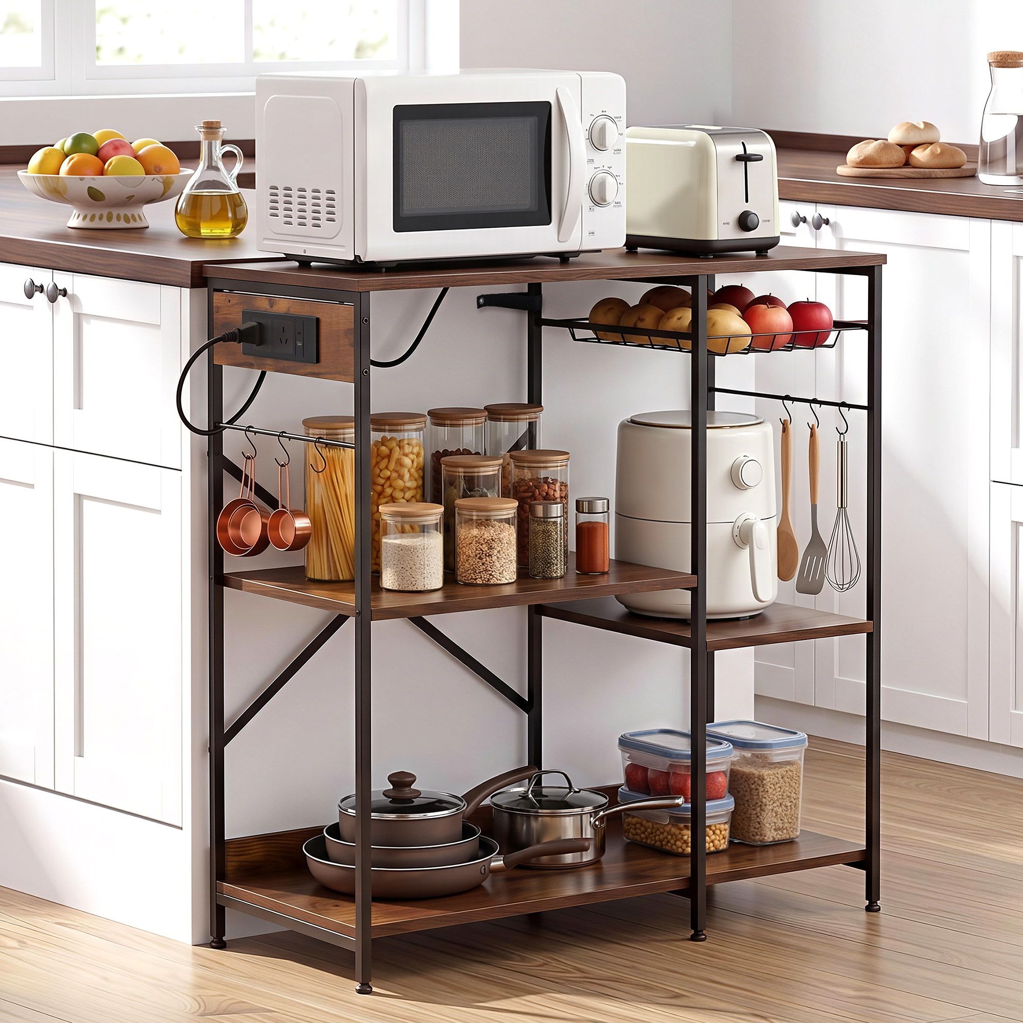 Artiss 3-Tier Kitchen Rack with 2 Power Outlets Microwave Storage Shelf 6 Hooks 90CM - Image 1