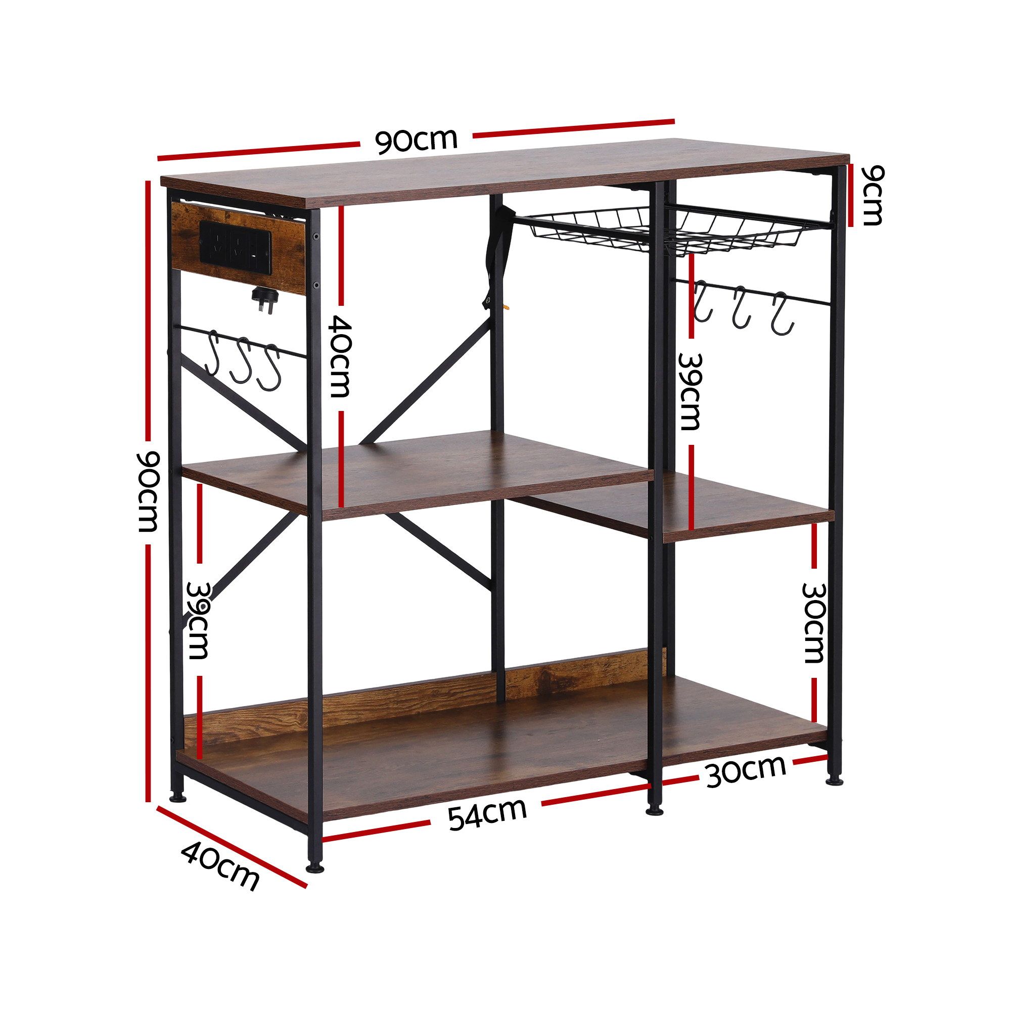 Artiss 3-Tier Kitchen Rack with 2 Power Outlets Microwave Storage Shelf 6 Hooks 90CM - Image 3