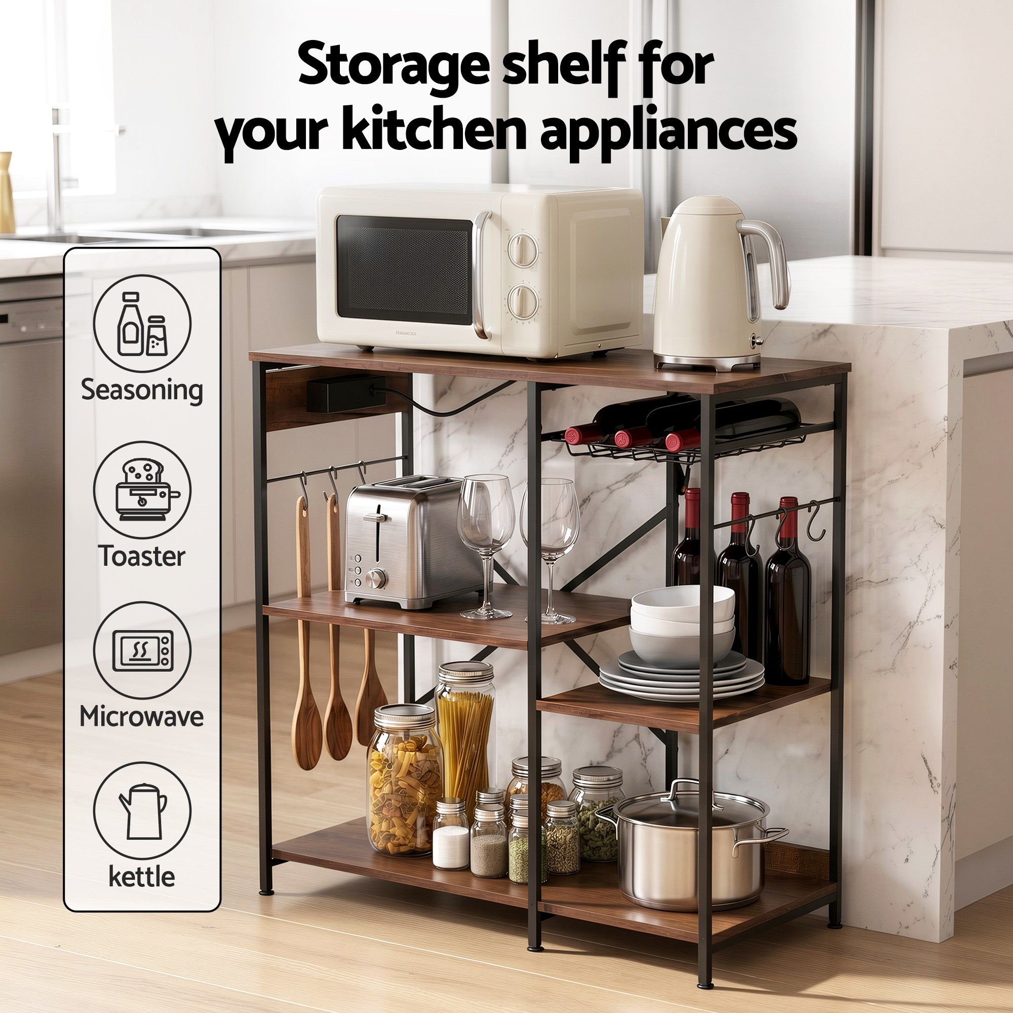 Artiss 3-Tier Kitchen Rack with 2 Power Outlets Microwave Storage Shelf 6 Hooks 90CM - Image 5