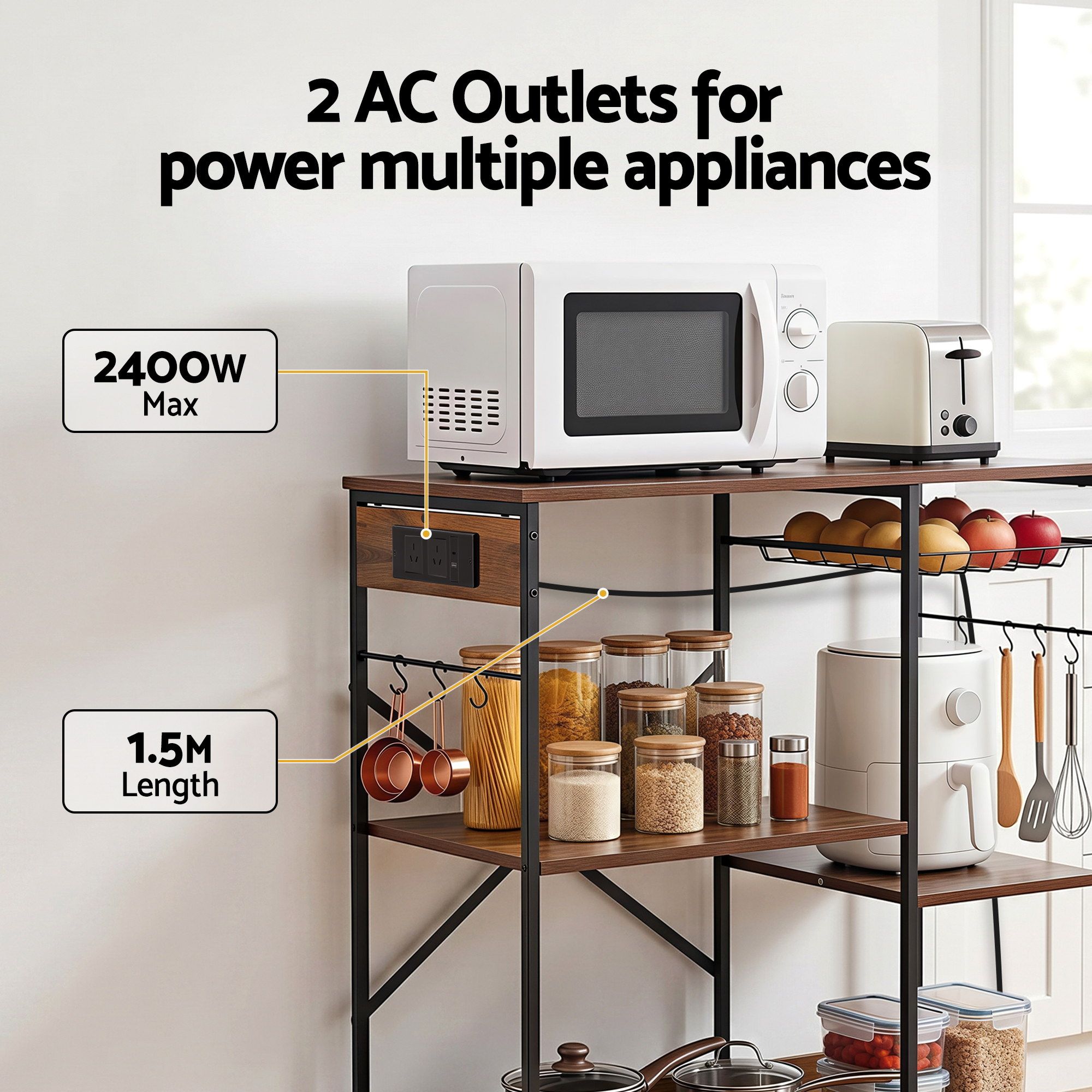 Artiss 3-Tier Kitchen Rack with 2 Power Outlets Microwave Storage Shelf 6 Hooks 90CM - Image 6