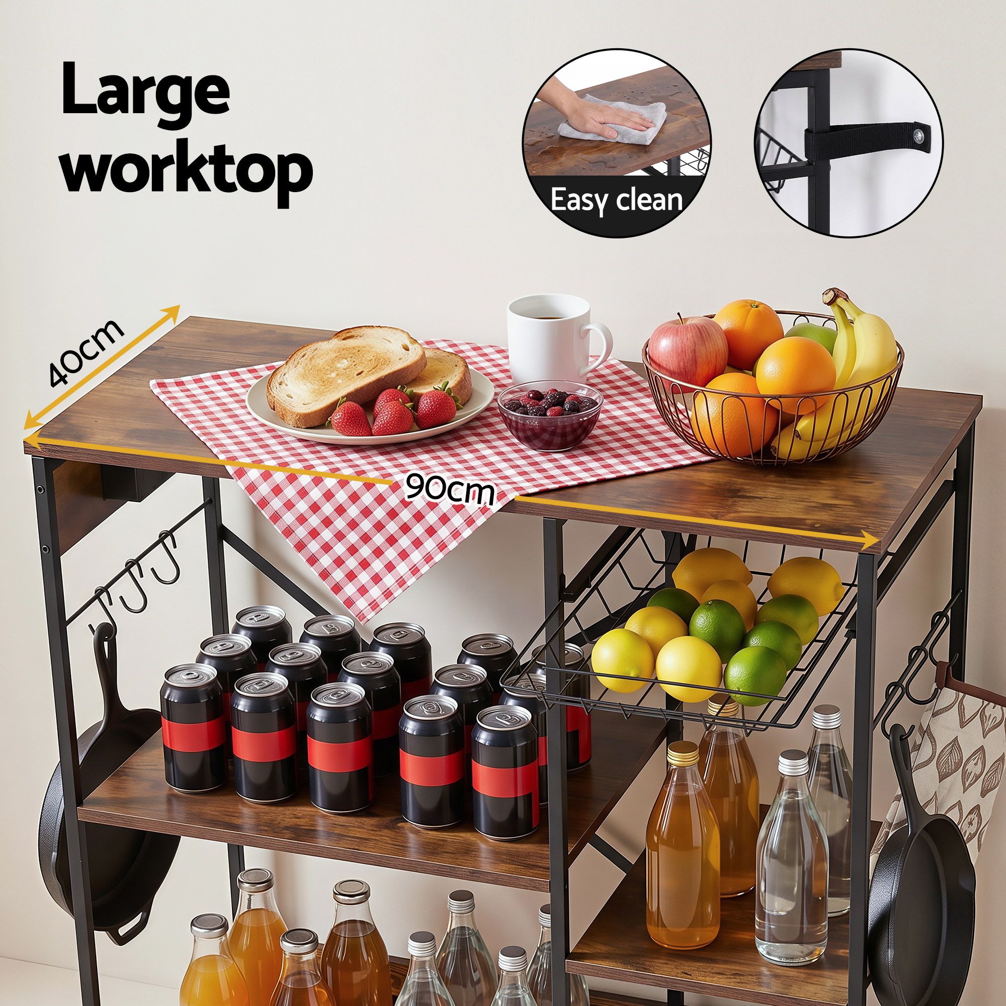 Artiss 3-Tier Kitchen Rack with 2 Power Outlets Microwave Storage Shelf 6 Hooks 90CM - Image 7