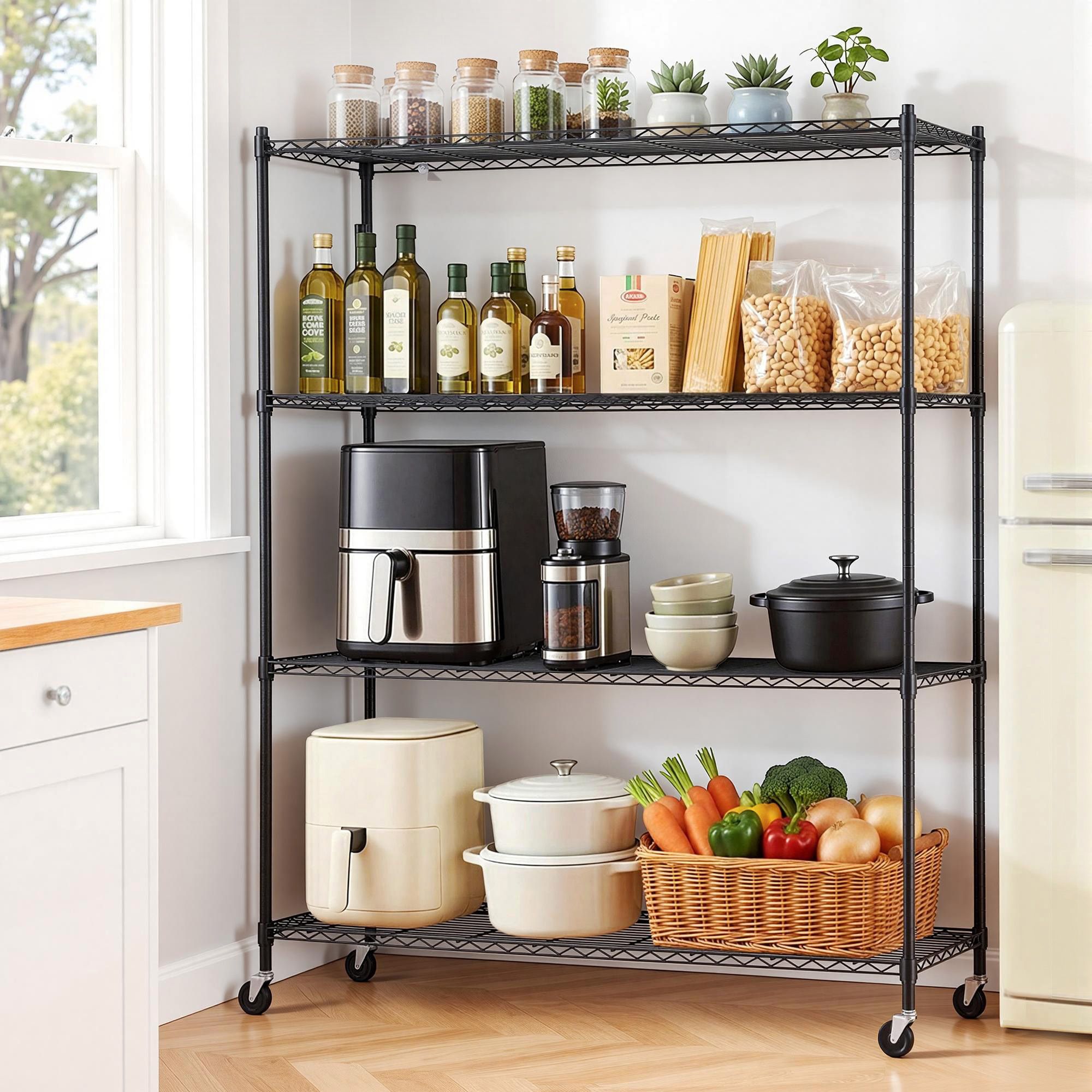 Artiss 4-Tier Kitchen Rack Shelf with Wheels Shelving 152x45x187CM Adjustable Metal Storage Shelves - Image 1