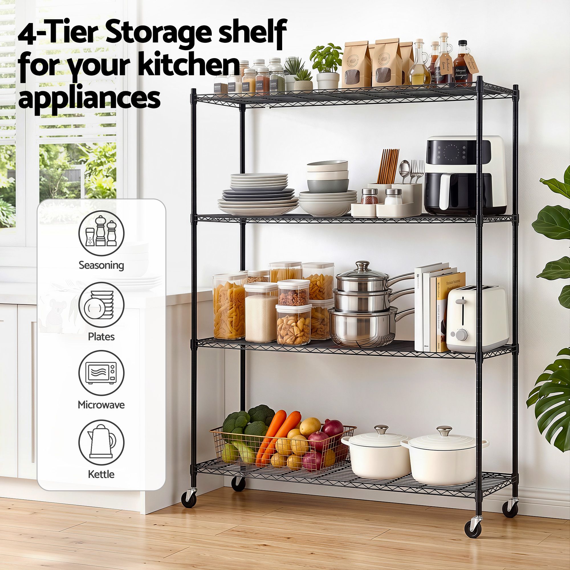 Artiss 4-Tier Kitchen Rack Shelf with Wheels Shelving 152x45x187CM Adjustable Metal Storage Shelves - Image 6
