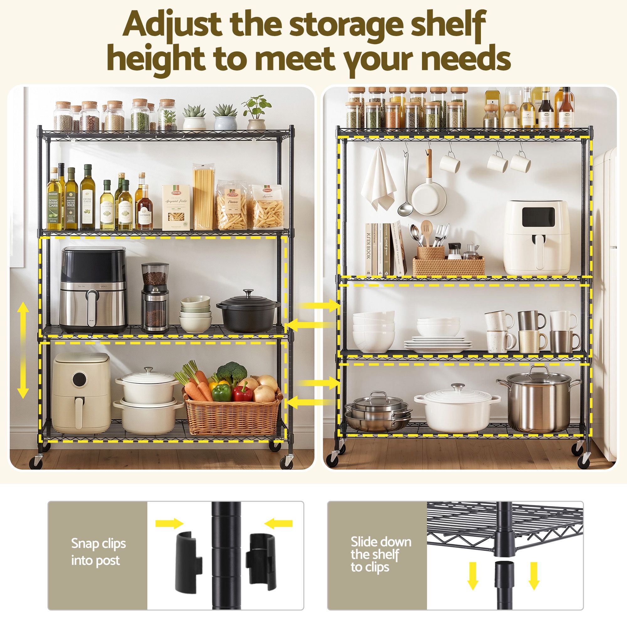 Artiss 4-Tier Kitchen Rack Shelf with Wheels Shelving 152x45x187CM Adjustable Metal Storage Shelves - Image 7