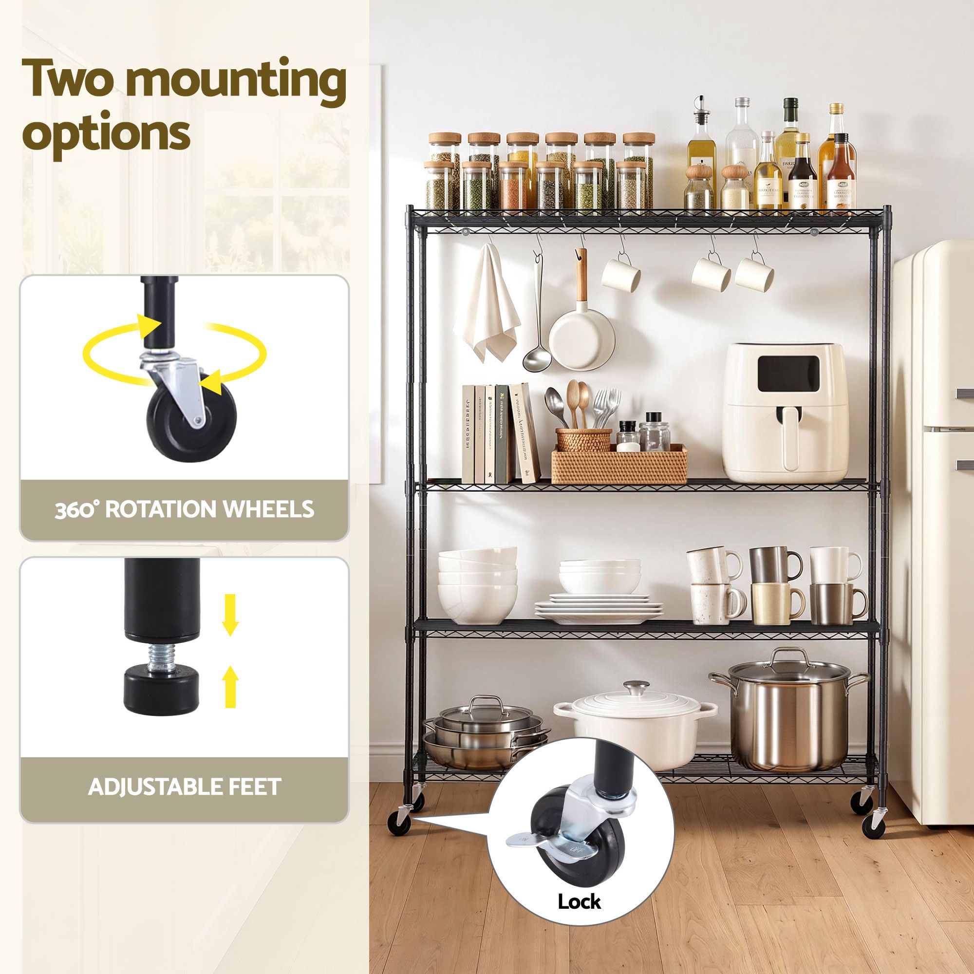 Artiss 4-Tier Kitchen Rack Shelf with Wheels Shelving 152x45x187CM Adjustable Metal Storage Shelves - Image 8