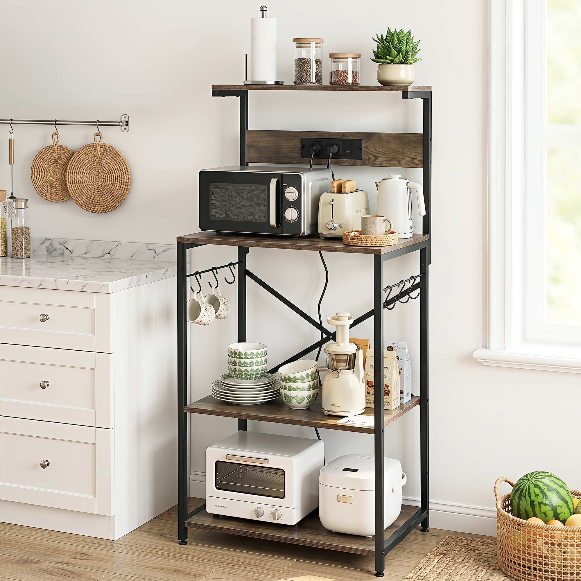 Artiss 4-Tier Kitchen Rack with 2 Power Outlets 6 Hooks Microwave Storage Shelf - Image 1