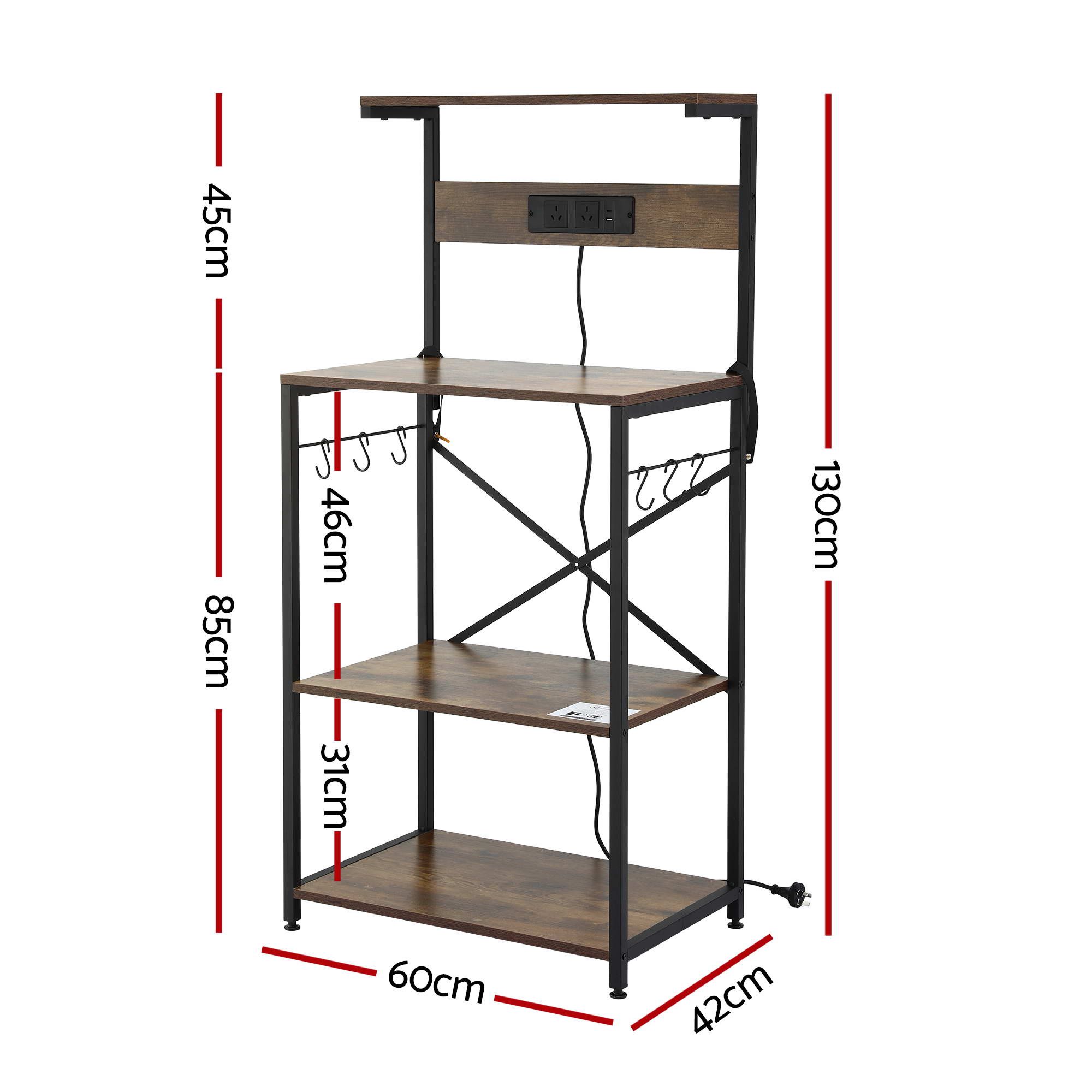 Artiss 4-Tier Kitchen Rack with 2 Power Outlets 6 Hooks Microwave Storage Shelf - Image 3
